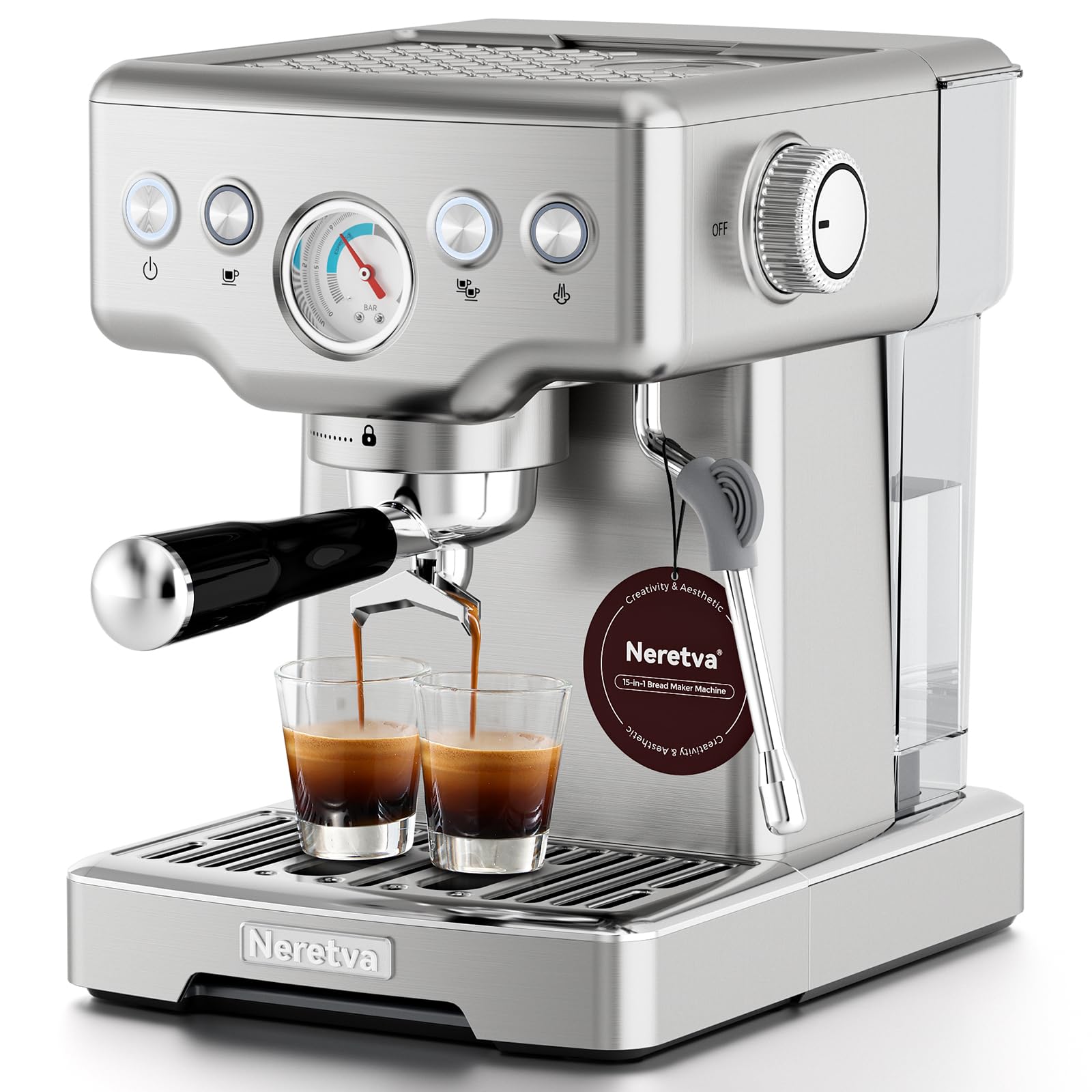 Neretva 2-in-1 Stainless Steel Espresso and Coffee Maker Combo - 1450W 15 Bar Pressure for Espresso, Latte, Macchiato & Cappuccino - Professional Barista Quality for Home Use (Silver) | Perfect for Morning Brews, Entertaining Guests & Coffee Shop Experience at Home