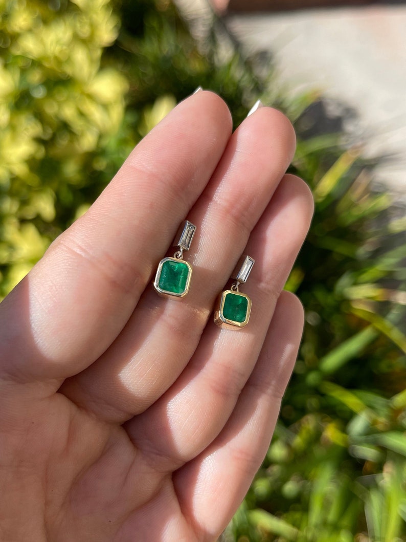 2.30tcw 14K Gold Asscher Cut Emerald and Diamond Dangle Earrings - Luxury Bezel Set Green Gemstone Jewelry for Women, Perfect for Weddings, Parties & Special Occasions