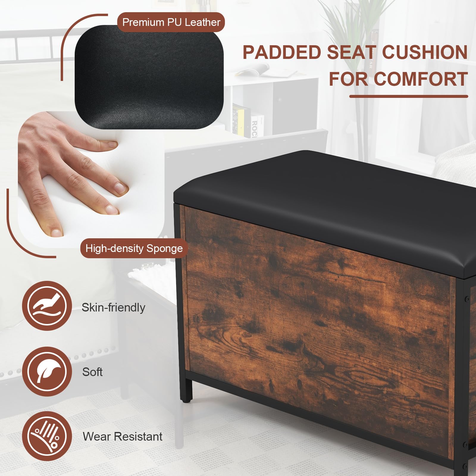 Industrial Style GLACER Entryway Storage Bench with Padded Seat - 32 x 16 x 19.5 Inches - Multi-Functional Storage Chest for Bedroom, Living Room, Hallway - Perfect for Organizing Shoes, Blankets & Home Decor