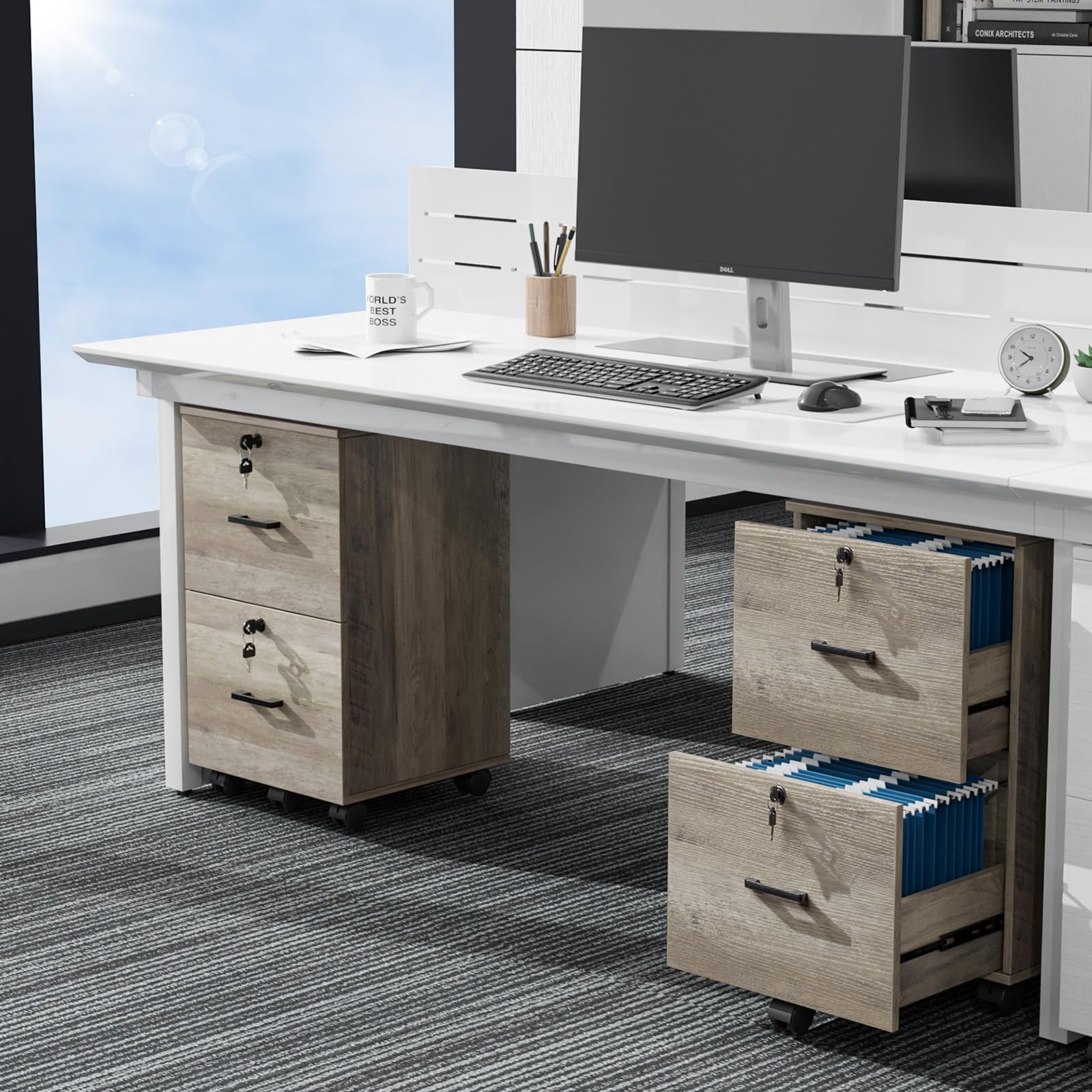 VINGLI 2-Drawer Locking File Cabinet - Rustic Gray Wood Letter Size File Organizer with Wheels | Under Desk Mobile Storage for Home Office, Printer Stand & Document Filing