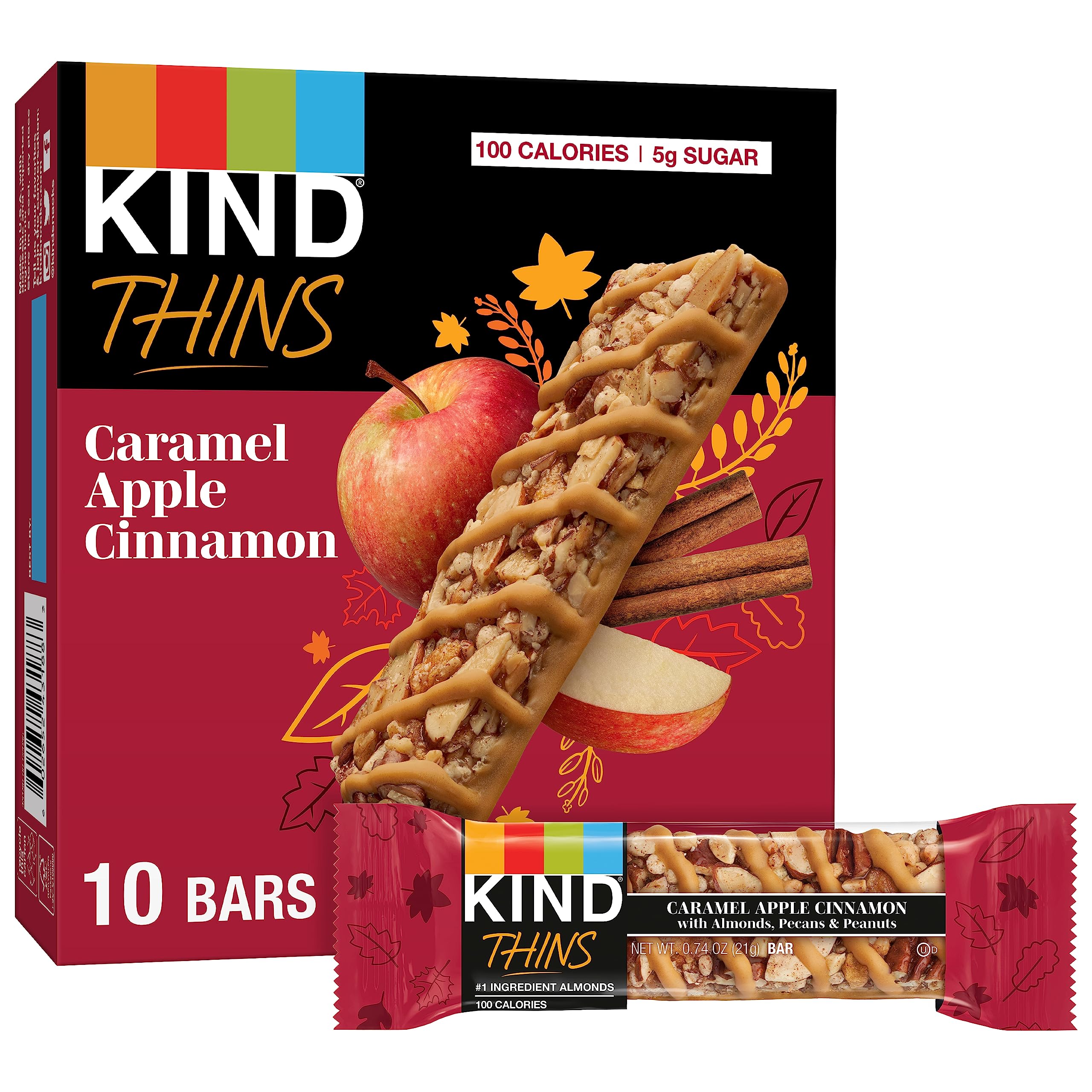 KIND THINS Caramel Apple Cinnamon Snack Bars with Almonds, Pecans & Peanuts - Gluten Free, 100 Calorie Healthy Snacks - 10 Bars Pack - Perfect for On-the-Go, Office & School Lunch