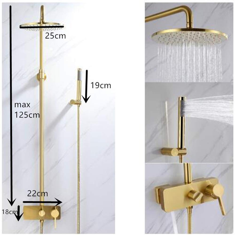 10 Inch Brushed Gold Rain Mixer Shower Combo Set - Wall Mounted Exposed Bathroom Shower Faucet with Brass Rainfall Shower Head, Handheld Shower & Tub Spout - Perfect for Modern Bathroom Renovation & Spa-Like Shower Experience