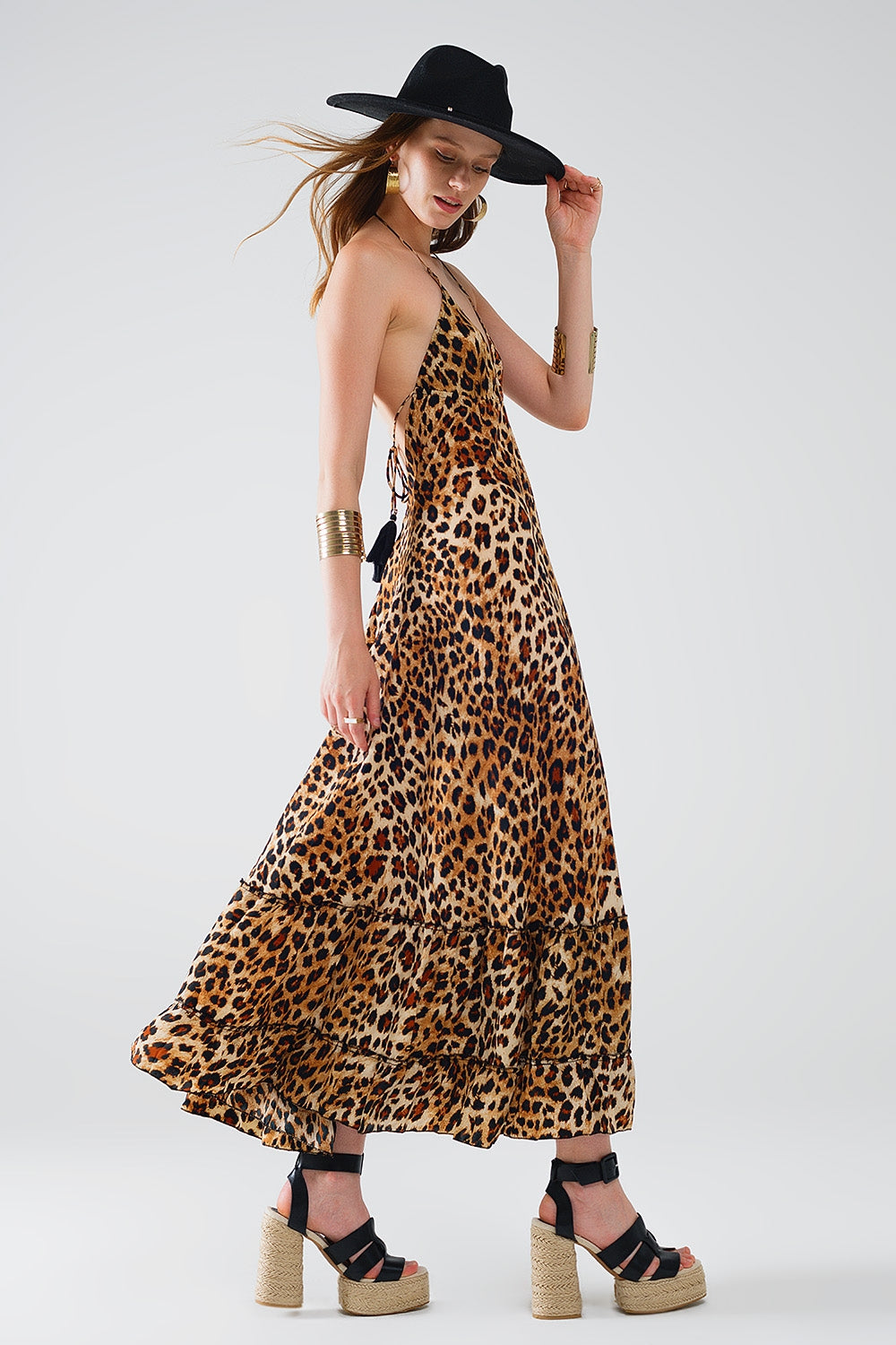 Boho Leopard Print Open Back Maxi Robe - Women's Flowy Long Dress for Beach, Vacation & Lounge Wear