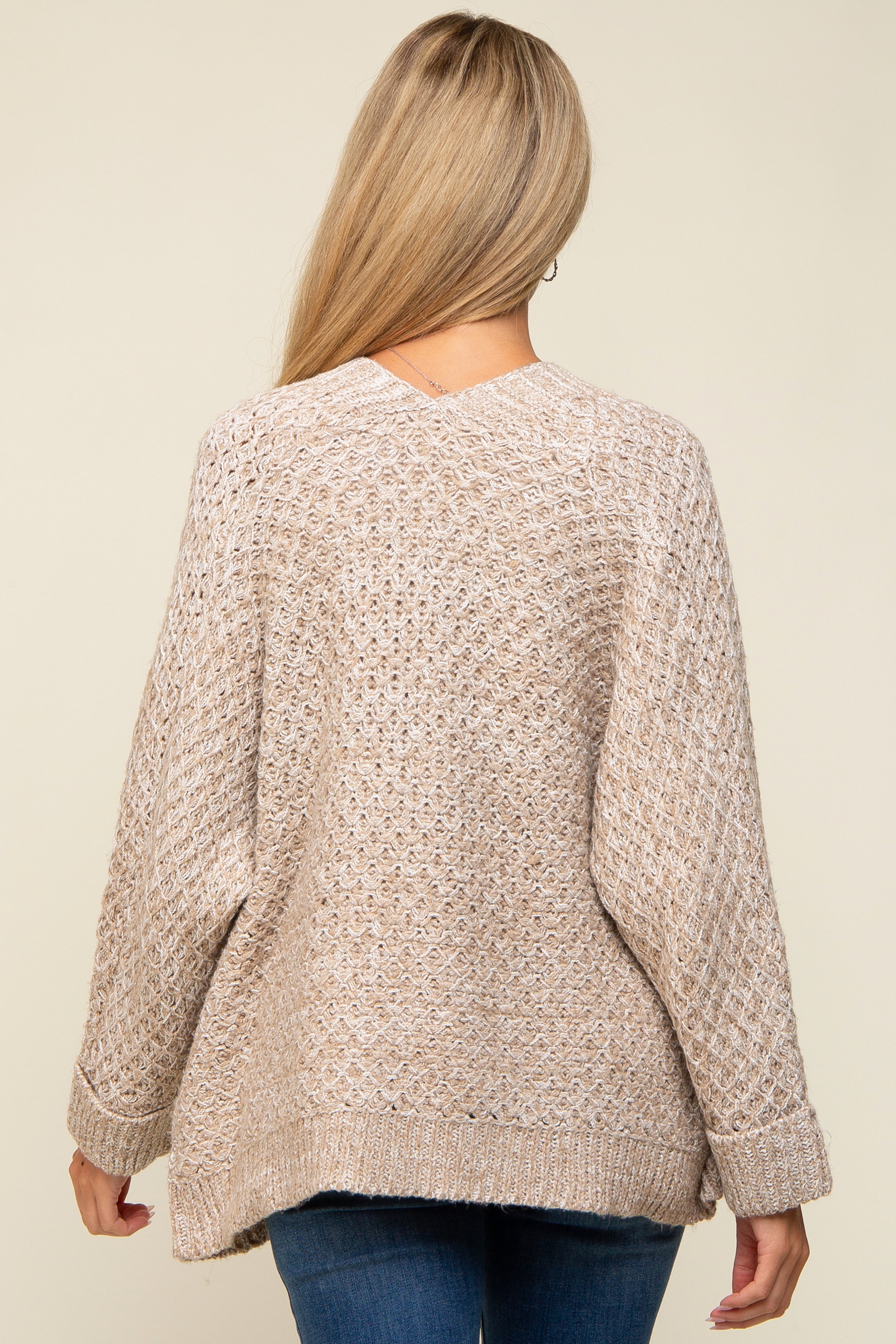 Soft Beige Knit Maternity Cardigan with Cuffed Sleeves - Cozy & Stylish Pregnancy Sweater for Nursing, Work & Casual Wear