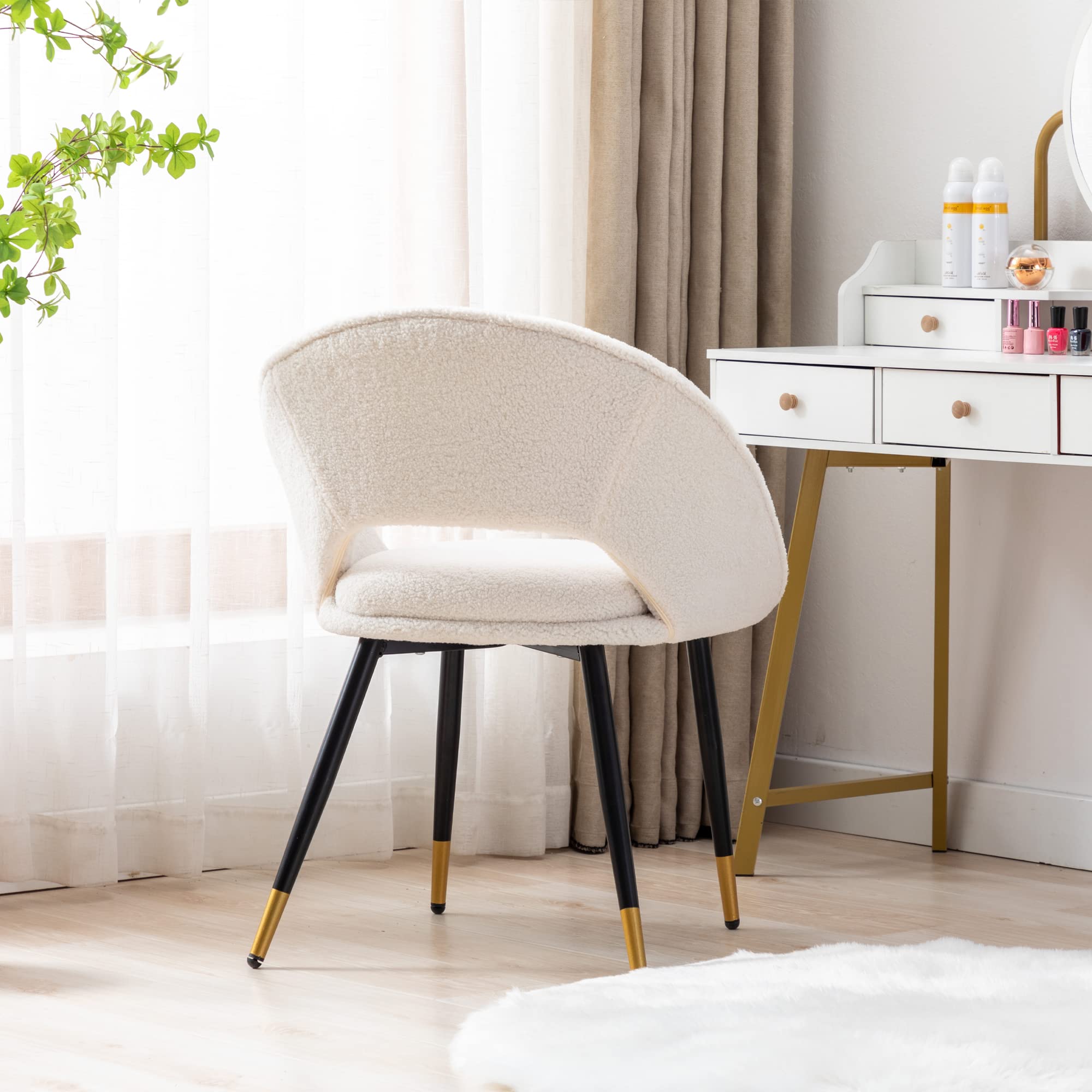 Fluffy Desk Chair Set of 2 - Faux Fur Accent Chairs with Metal Legs, Modern Upholstered Leisure Armchair for Teens & Women, No Wheels Office Makeup Vanity Chair - Perfect for Home, Bedroom, Dorm Room and Cozy Workspaces