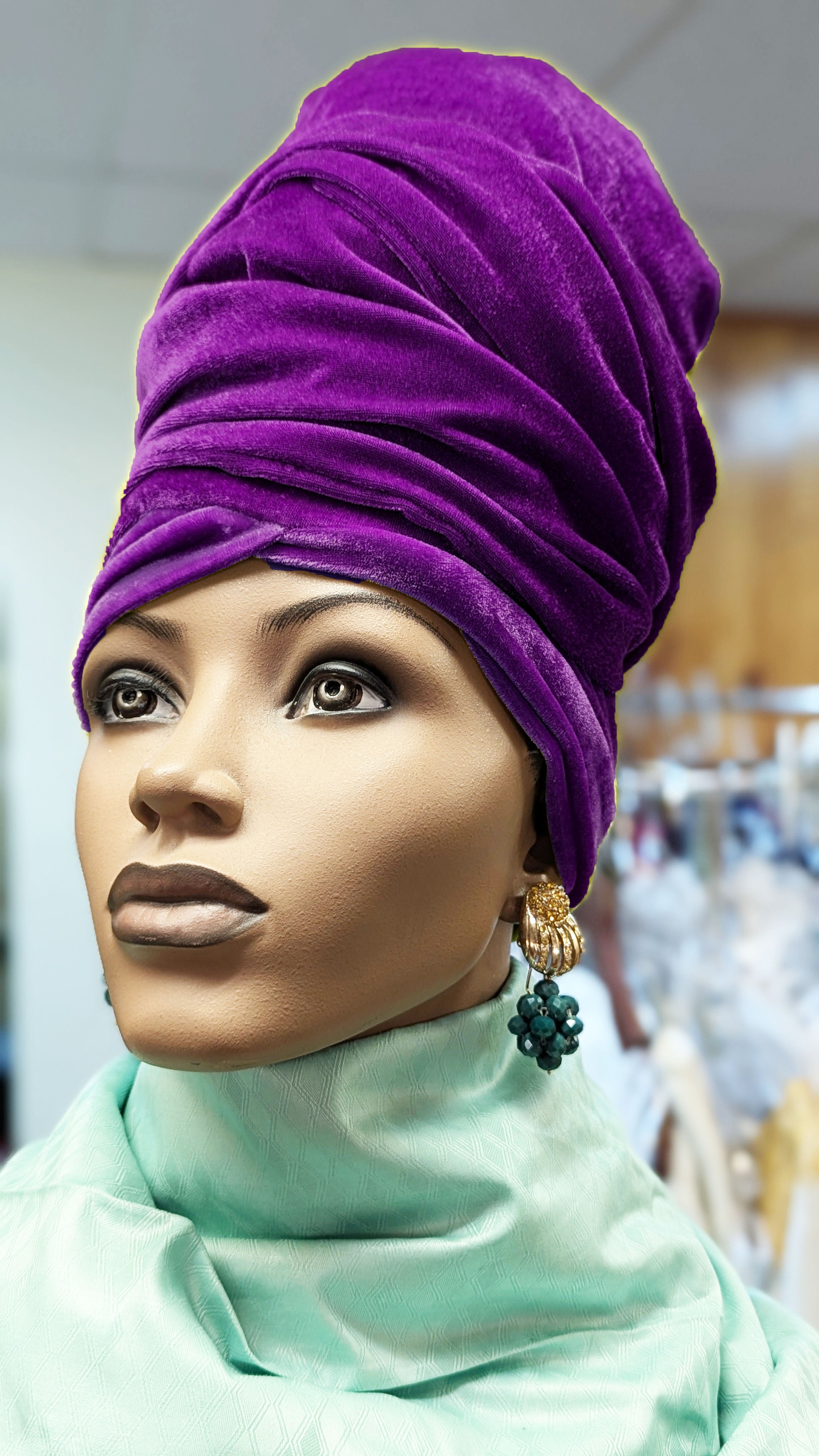 Dupsie's Niaja Purple Velour African Sock Hat Head Wrap for Women - Soft Winter Beanie & Stylish Headband for Cold Weather, Church, or Cultural Events