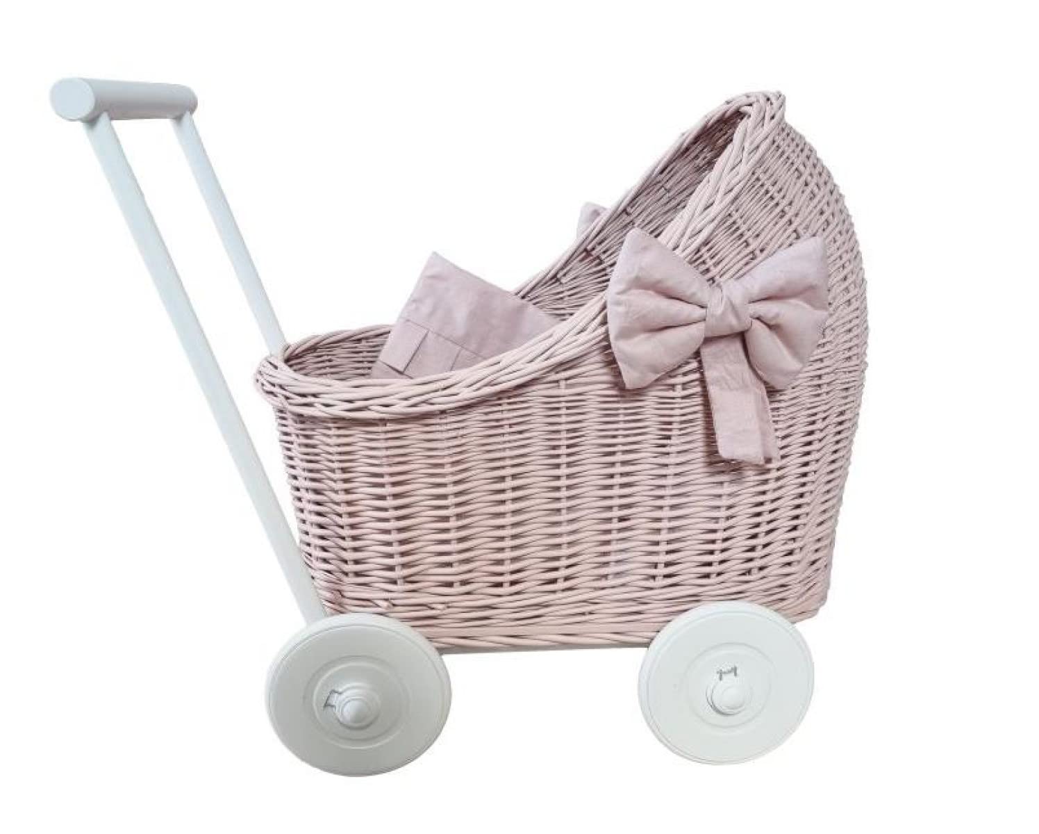 Handmade European Pink Rattan Doll Stroller - Wicker Doll Pram with Floral Bows & Bedding | Baby Walker for Girls | Perfect for Pretend Play, Nursery Decor & Gift Giving