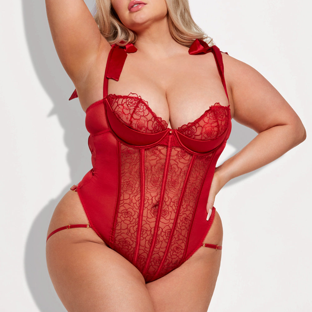 House of Desire Melrose Tie Shoulder Strappy Rear Teddy - Sexy Lingerie for Women, Plus Size Lace Bodysuit for Date Night & Boudoir Photography