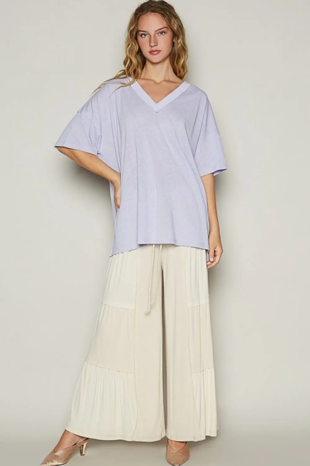 Lilac V-Neck Half Sleeve Casual T-Shirt for Women - Soft Cotton Comfort Fit Top for Everyday Wear, Work & Outings