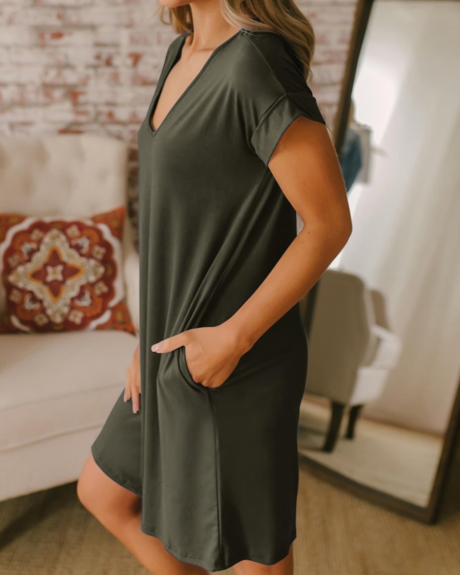 BTFBM Women's V-Neck Short Sleeve Summer Dress 2025 - Casual Loose Tunic T-Shirt Dress with Pockets | Spring Outfits, Beach Wear, Lounge Pajamas & Everyday Comfort