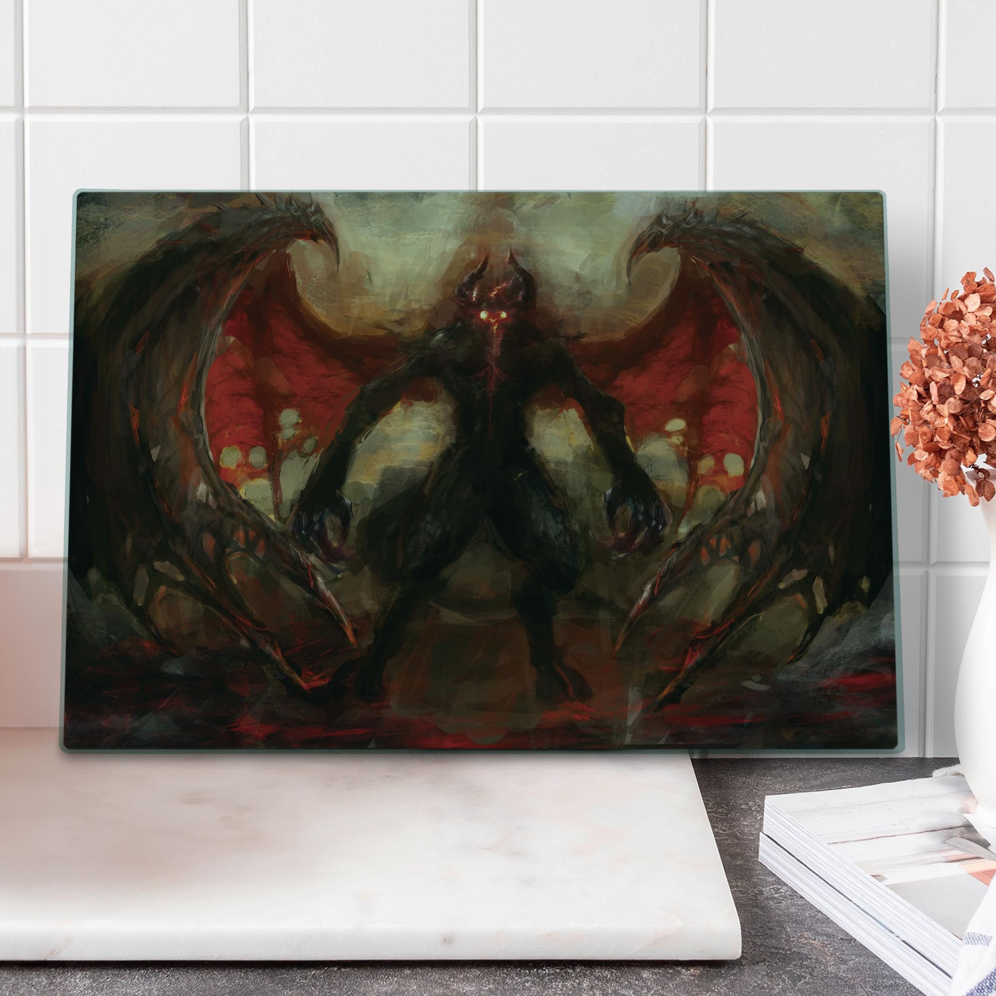 Ambesonne Fantasy World Tempered Glass Cutting Board - Devil Shadow with Wings Design, Large Decorative Serving Board for Kitchen, Red Grey - Perfect for Entertaining, Cooking, and Unique Home Decor