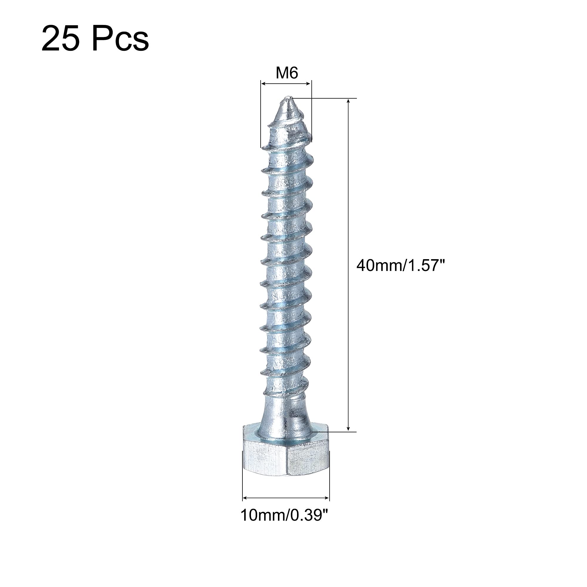 Hex Lag Screws M6 x 40mm Zinc Plated Self-Tapping Bolts for Wood - 25Pcs (Outdoor Furniture & Decking)