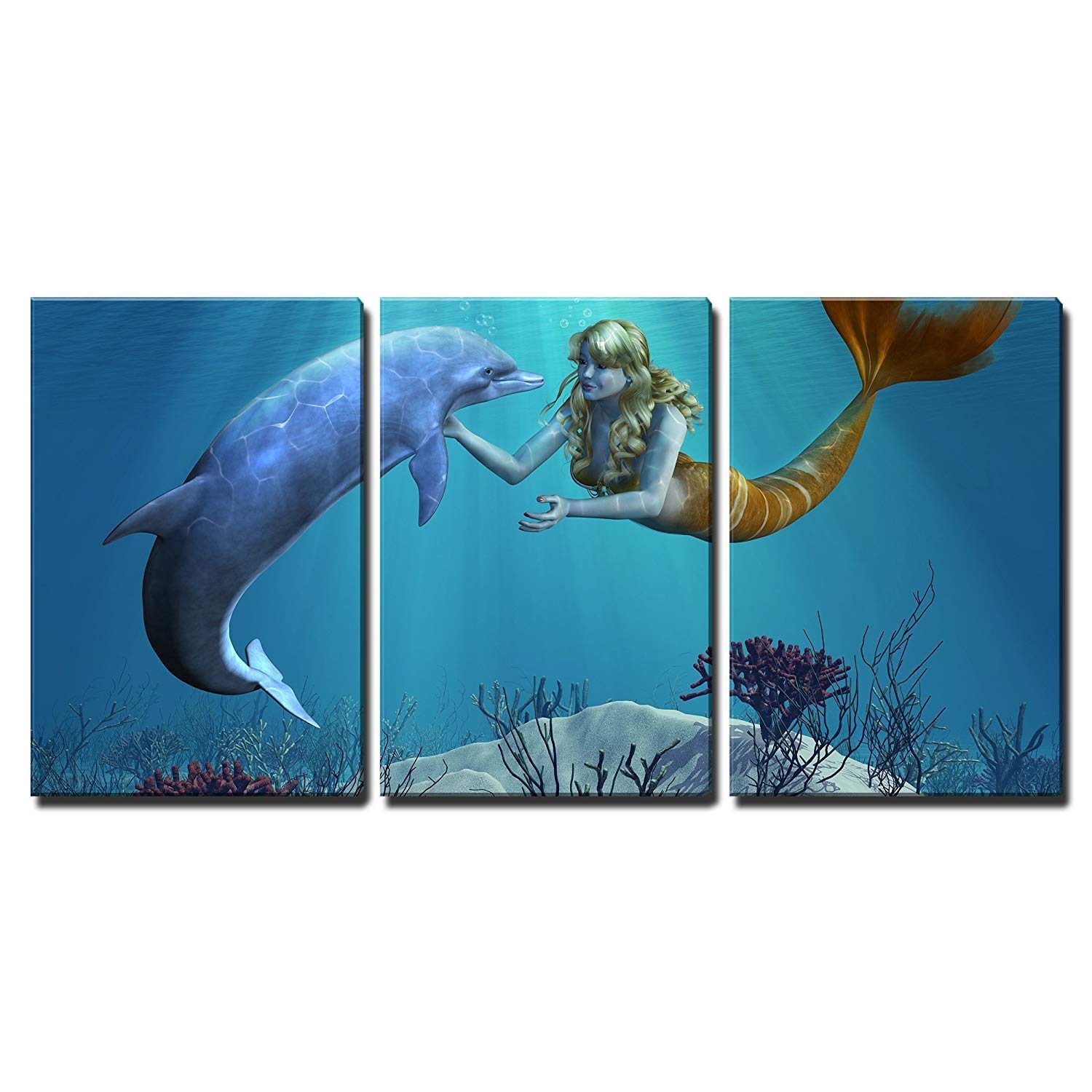 Wall26 3-Piece Canvas Wall Art - Friendly Dolphin Greets Mermaid Underwater - Stretched & Framed Ready to Hang Modern Home Decor - 16x24 Inches (3 Panels) - Perfect for Living Room, Bedroom or Beach House Decor