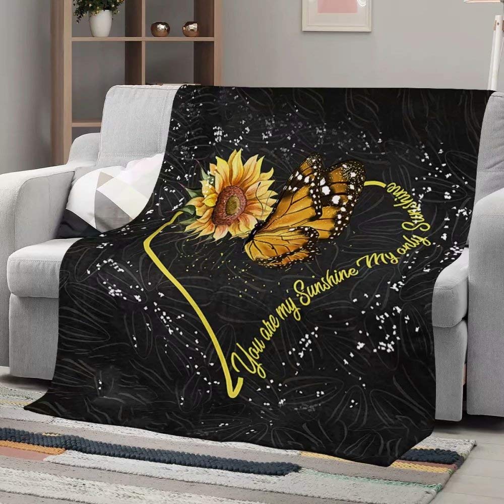 You Are My Sunshine Sunflower Butterfly Fleece Throw Blanket - Ultra Soft Microfiber Flannel Blanket for Couch, Bed, Chair - Lightweight & Warm Cozy Blanket 70x54 Inches - Perfect Gift for Women & Girls - Black & Yellow - Ideal for Snuggling on Cold Nights, Sofa Lounging, and Bedroom Decor