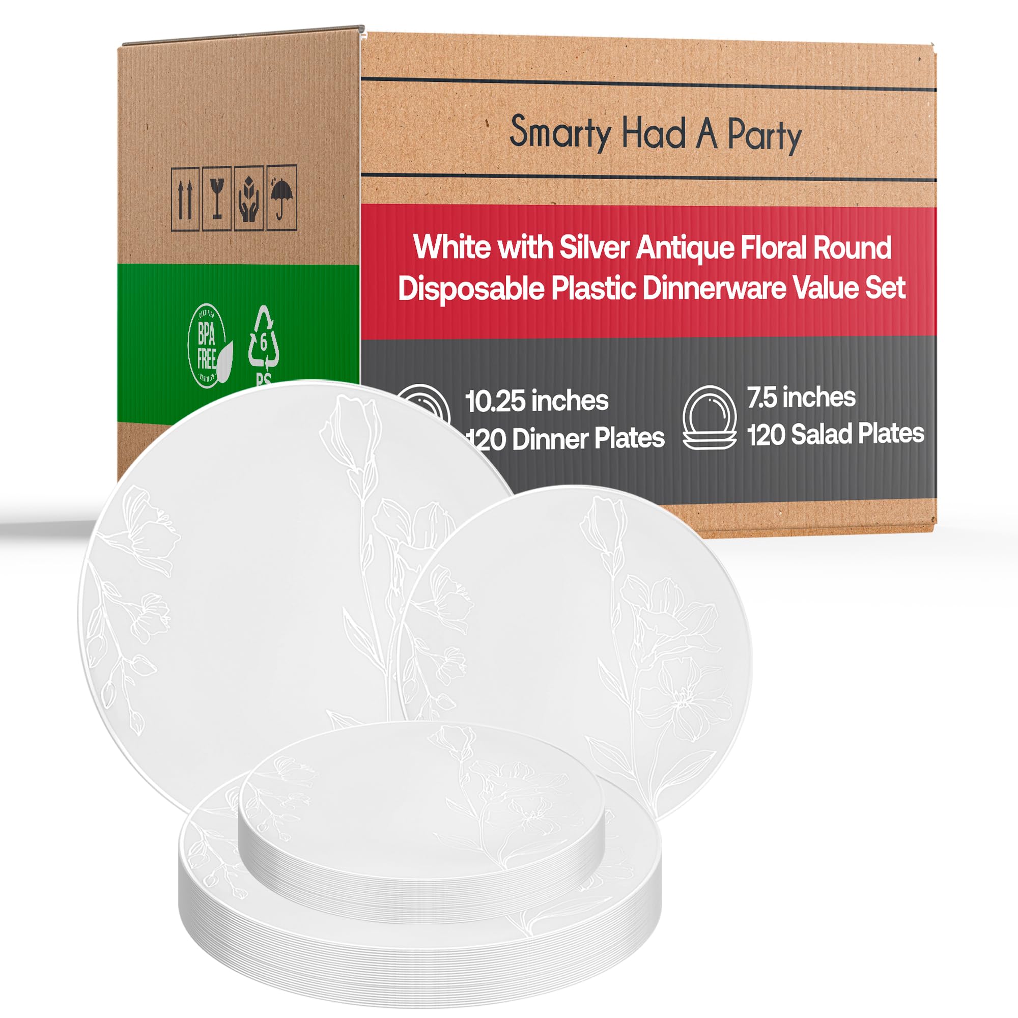 Smarty Had A Party Disposable Plastic Plates - Vintage Floral Design Heavy Duty Dinnerware Set for Wedding, Birthday Party (White with Silver, 120-Piece Combo Set) | Elegant Disposable Tableware for Events, Catering & Outdoor Gatherings