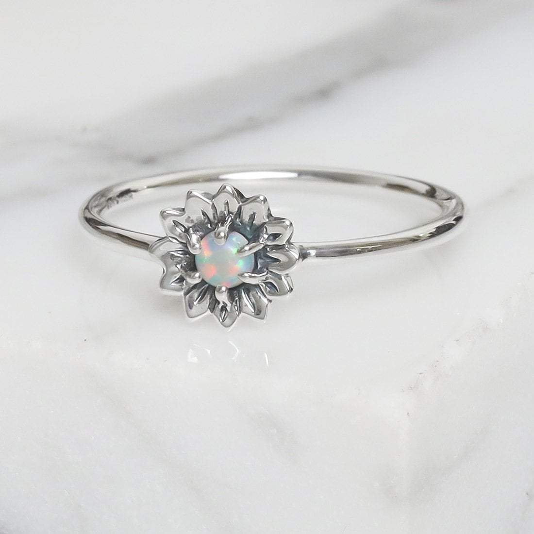 Exquisite Sunflower Opal Ring for Women - 925 Sterling Silver Floral Jewelry Gift for Her - Perfect for Weddings, Anniversaries & Everyday Elegance
