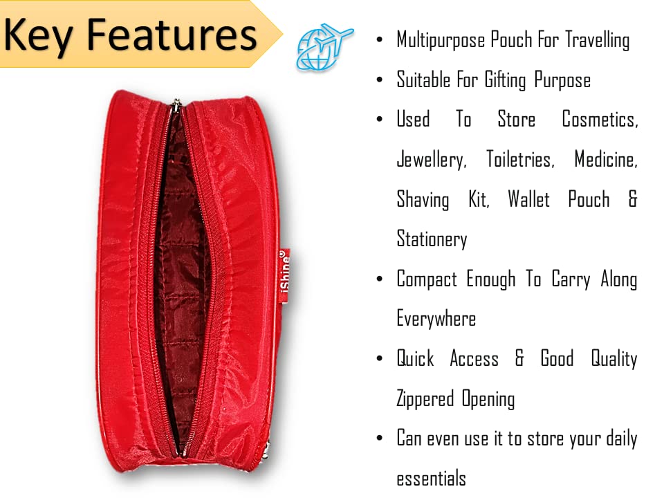 iShine Double Pocket Travel Cosmetic Bag - Waterproof Makeup Organizer Pouch for Men & Women | Morning Kit & Toiletry Storage (Red, Parachute Fabric, 2 Pack) - Perfect for Air Travel, Gym, Camping & Daily Essentials