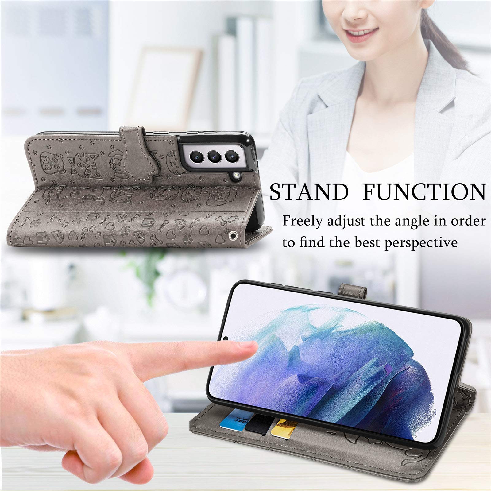 Cute Cartoon Wallet Case for Samsung Galaxy S22 Plus (Not S22) - Cat & Dog Style Flip Cover with ID Card Holder, PU Leather Phone Case (MG Grey) - Perfect for Daily Use, Travel & Commuting