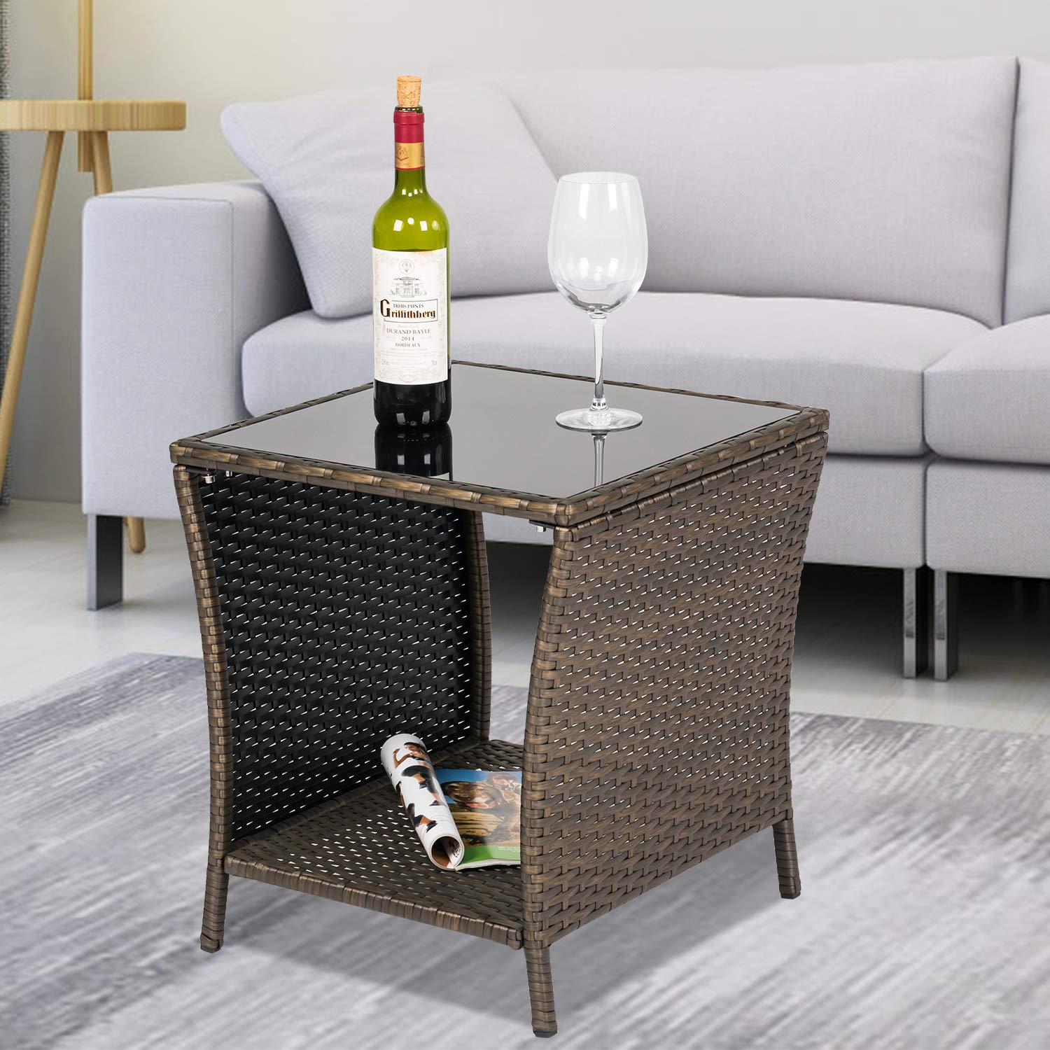 Kinsuite PE Patio Side Table - Outdoor Wicker Coffee Table with Glass Top, Rattan End Table with Iron Frame for Backyard, Lawn, Balcony & Pool - Perfect for Relaxing, Entertaining & Outdoor Decor (Dark Blonde)