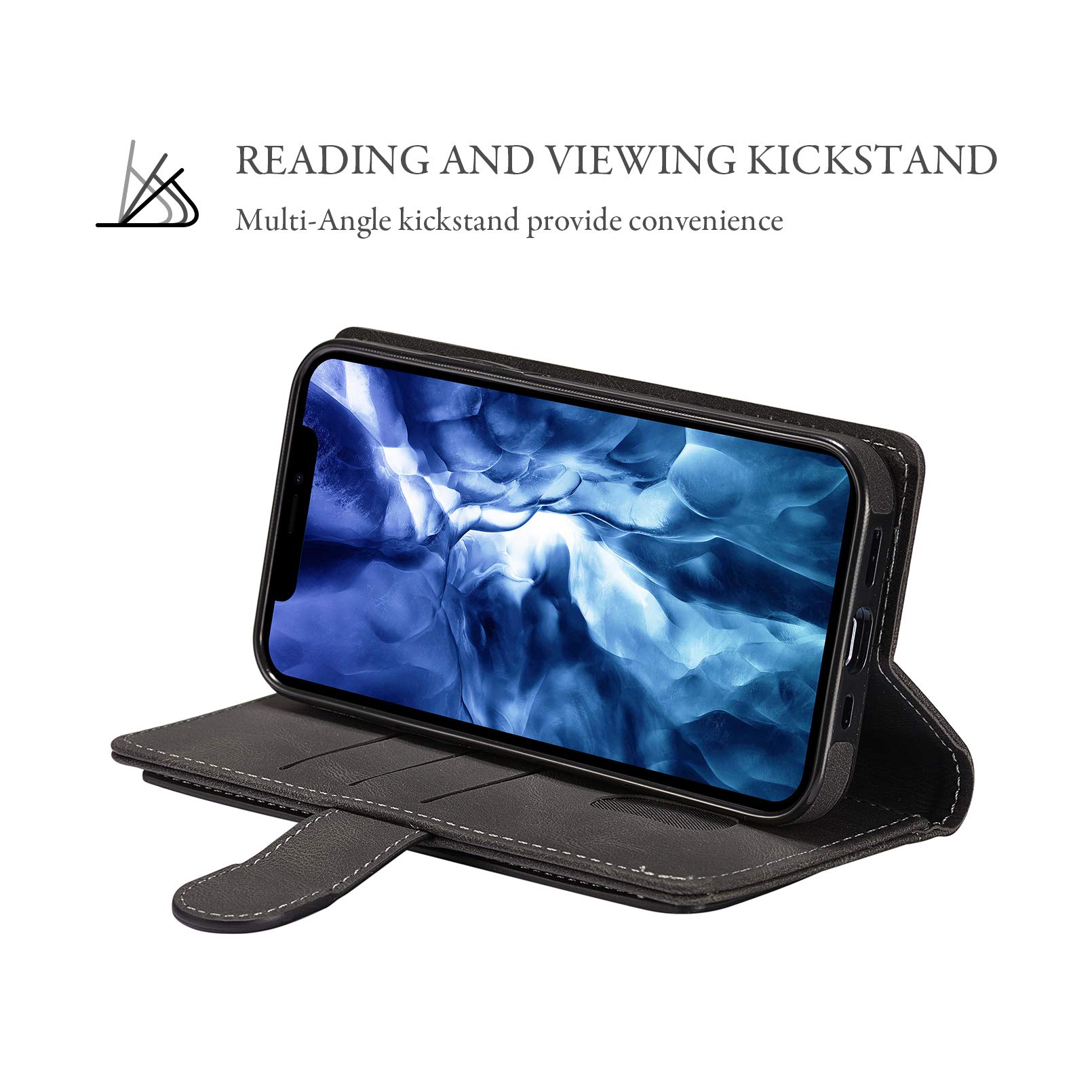 QLTYPRI Leather Wallet Case for iPhone 12 Pro Max (6.7 Inch) - Zipper Purse with Money Pocket, 9 Card Slots & Wrist Strap - Magnetic Flip Cover - Black - Perfect for Travel, Shopping & Everyday Use