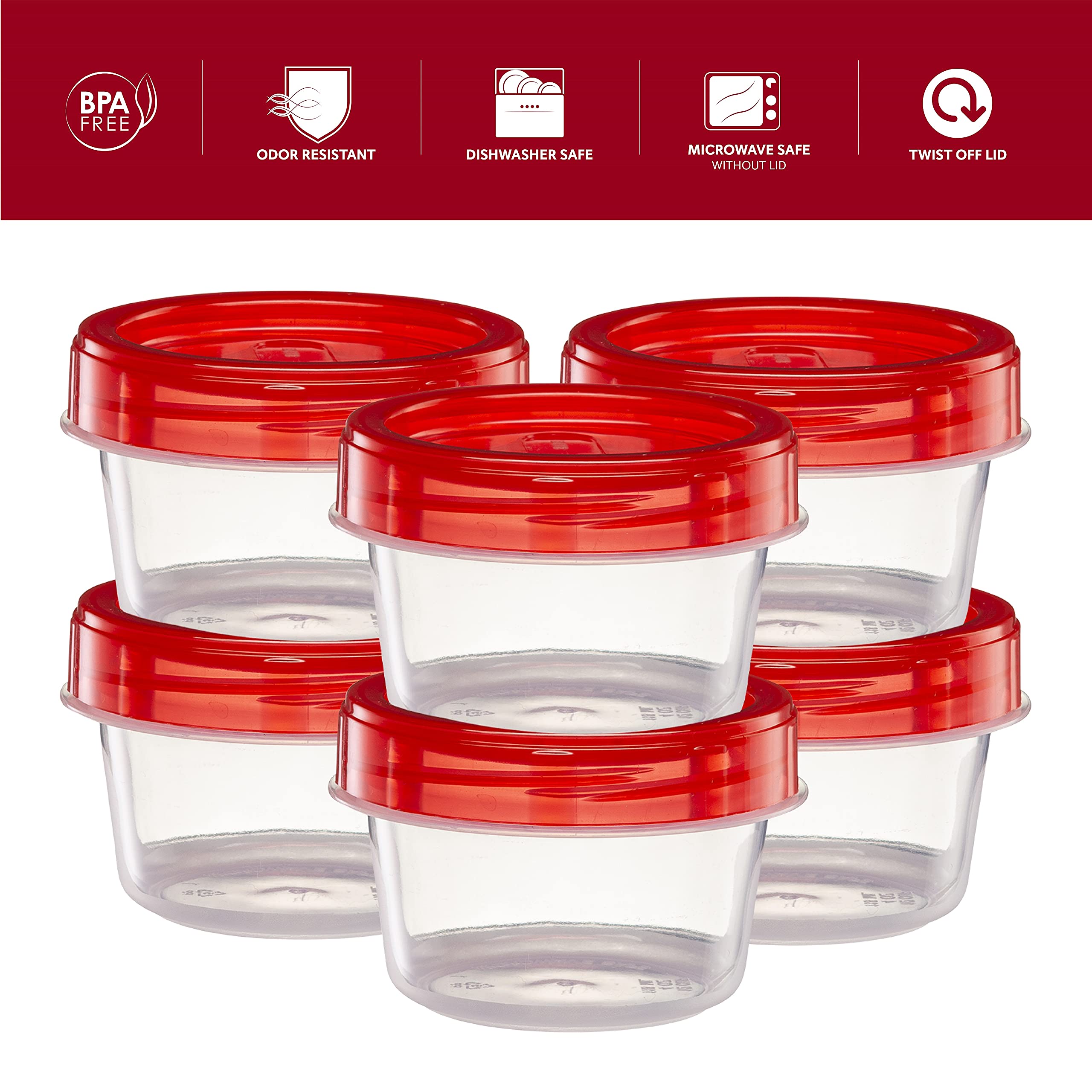4 Ounce (10 Pack) Clear Bottom Red Top Twist Cap Containers - Reusable Food Storage & Freezer Safe - Perfect for Meal Prep, Spices, and Leftovers