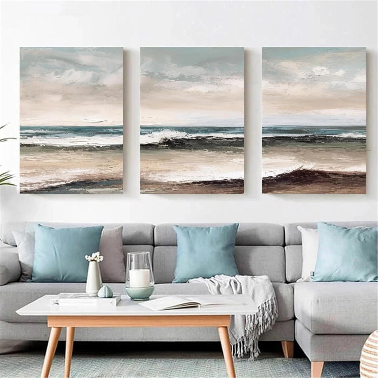 Ocean and Sky Wall Art Set of 3 - Modern Coastal Paintings for Living Room, Bedroom & Office Decor - Blue Seascape Canvas Prints (OS 259)