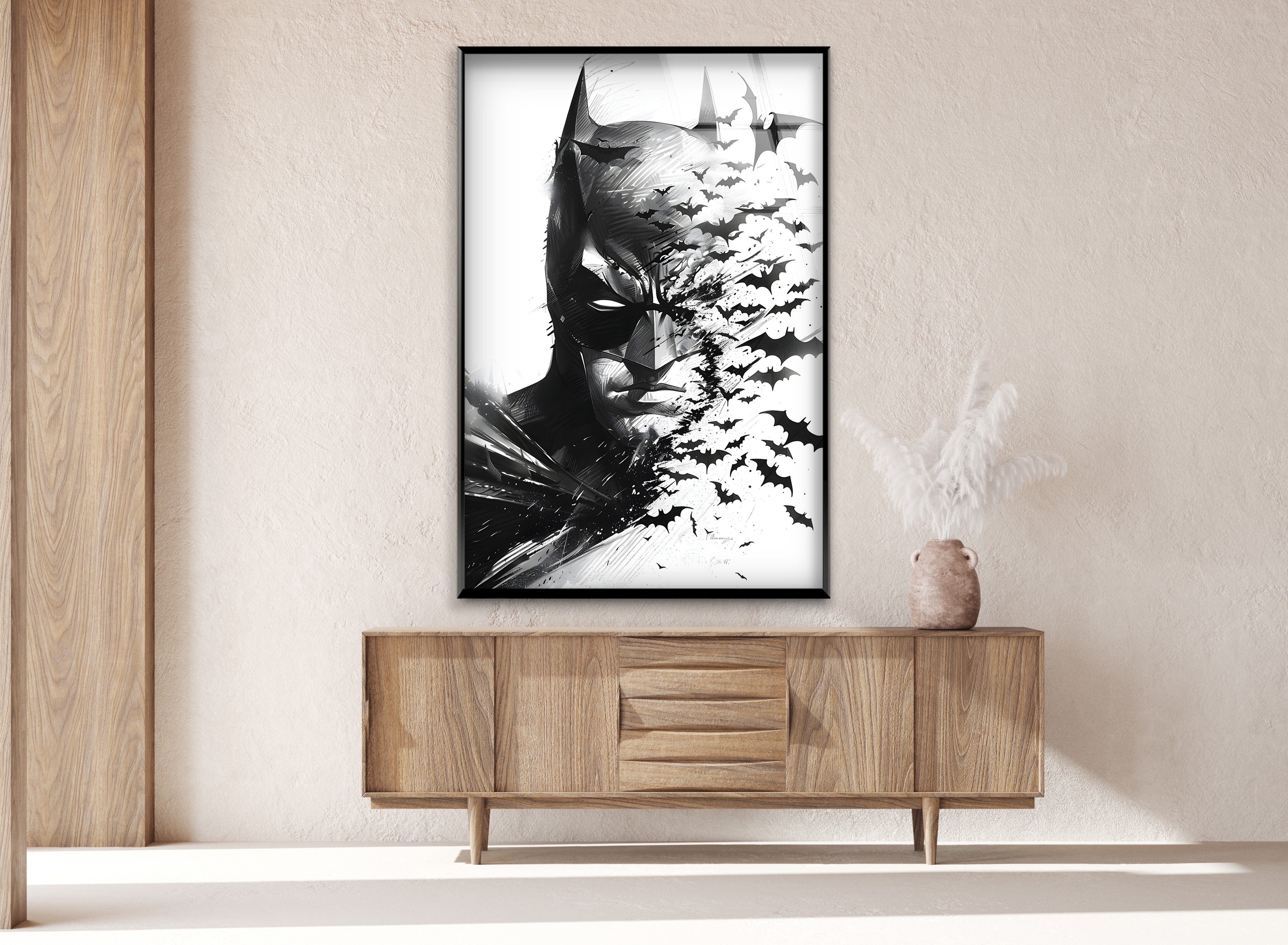 Batman Black and White Portrait Wall Art - Gothic Superhero Decor with Bats on Glass - Perfect for Man Cave, Home Theater & Superhero Bedroom Decor