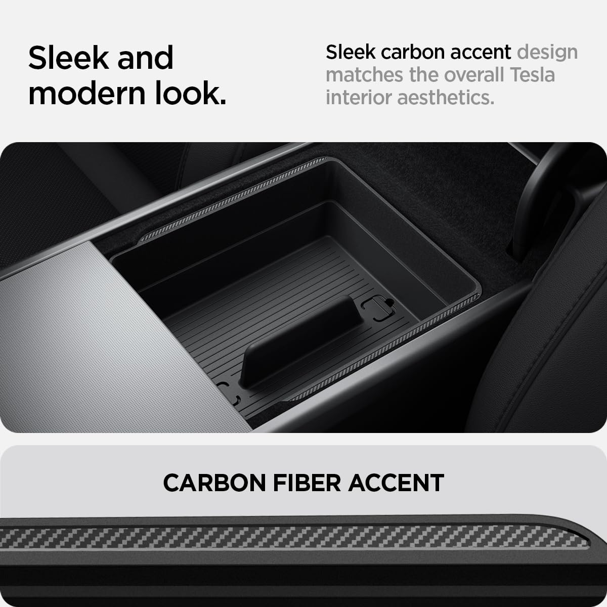 Spigen Premium Carbon Edition Armrest Console Organizer for Tesla Model Y 2025 (Juniper) & Model 3 2024-2025 (Highland) - Car Accessories Storage Solution for Phones, Wallets & Essentials