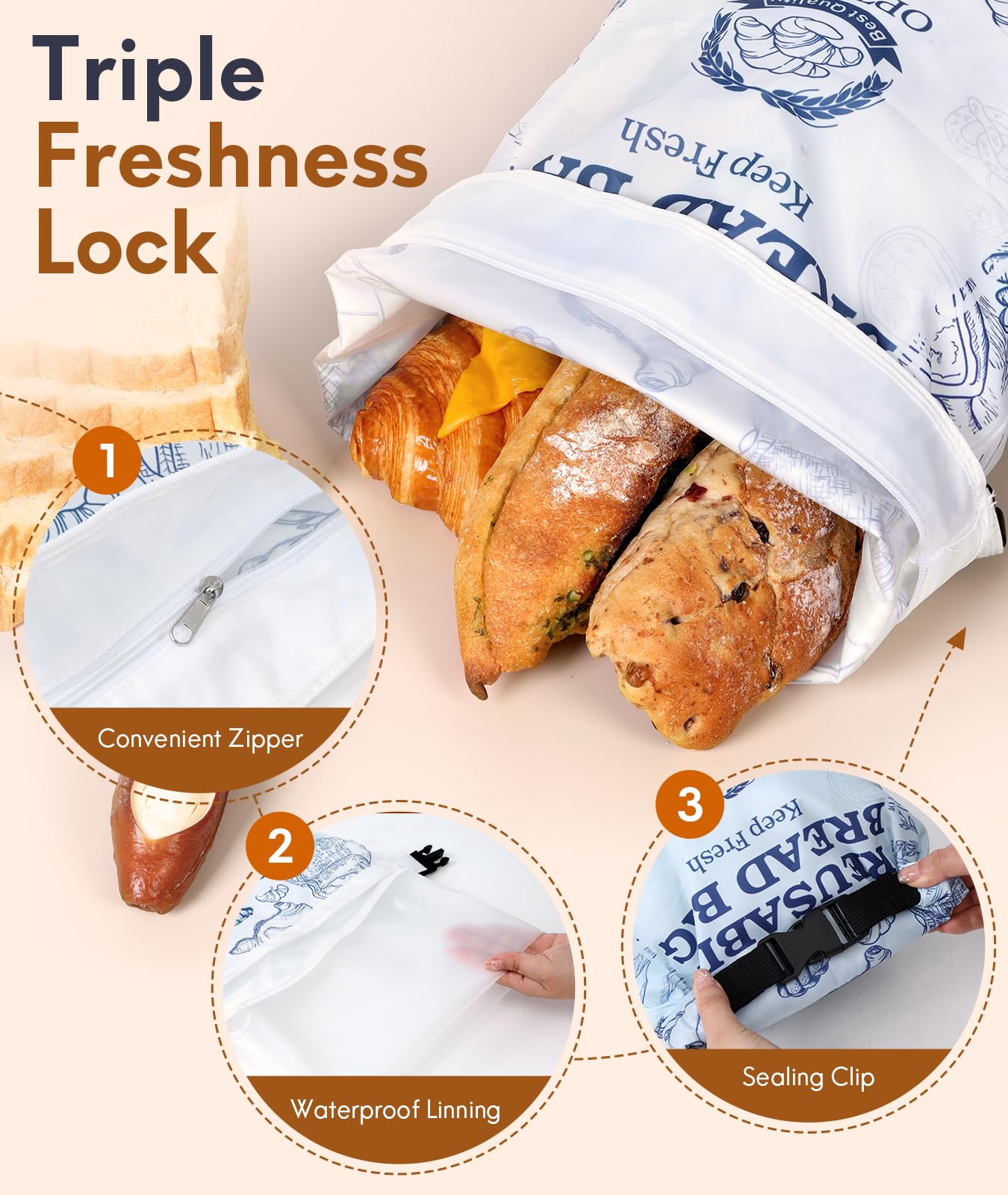 2 Pack Reusable Bread Bags for Homemade Sourdough - BPA Free, Freezer Safe with Lining & Zipper - Perfect for Fresh Keeping & Gift Giving (White & Blue) - Ideal for Bakeries, Home Baking & Food Storage