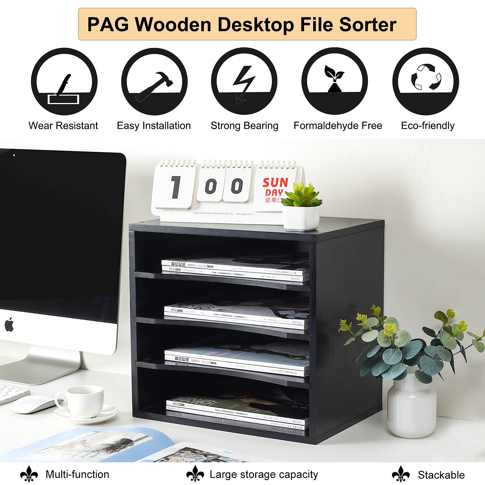 PAG Wooden Mail Sorter Organizer - 4 Compartment Desktop File Holder for Bills, Papers & Documents - Office, Home & School Supplies - Perfect for Mail Organization, Bill Paying & Paper Management (Black)