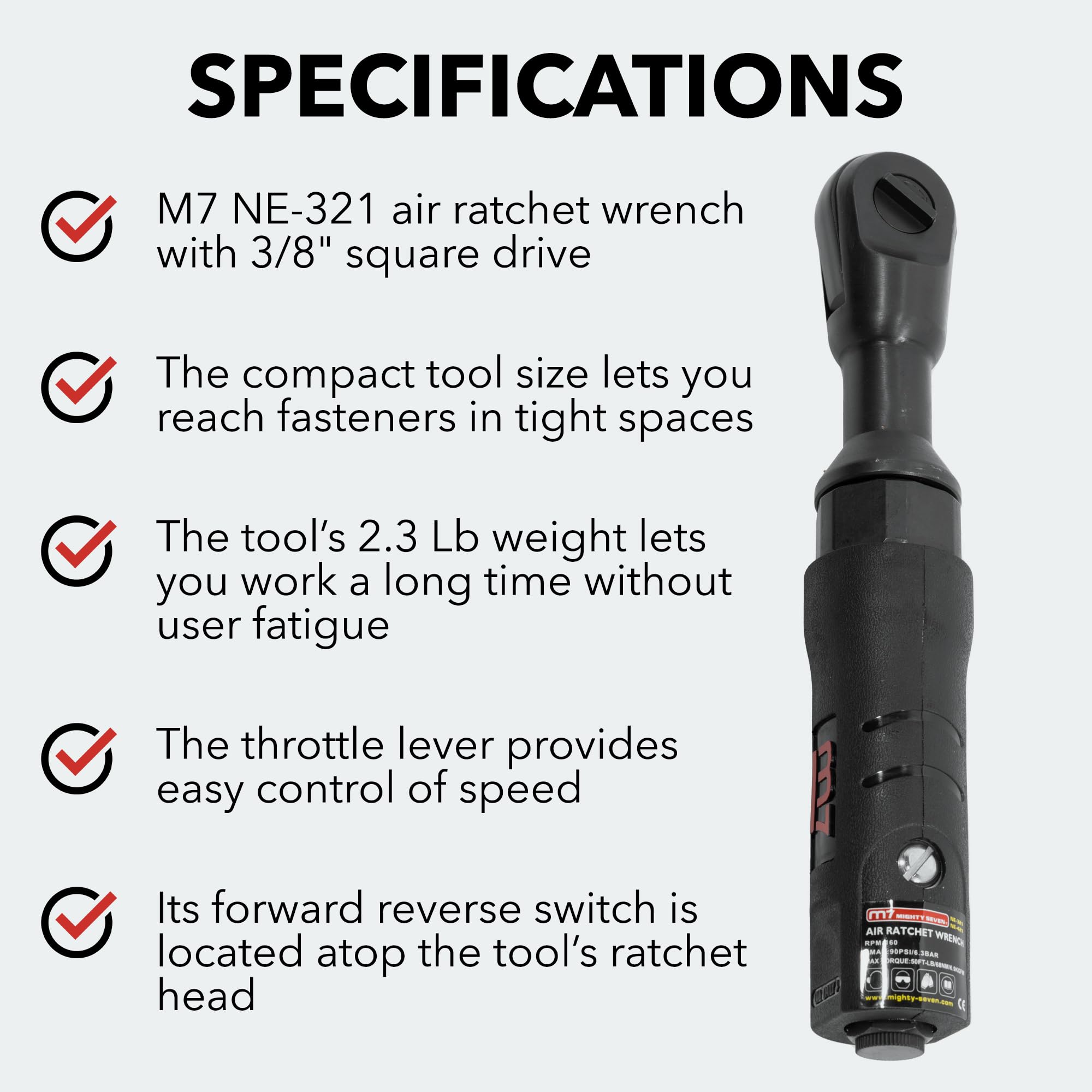 M7 NE-321 3/8-Inch Pneumatic Ratchet Wrench - Compact & Lightweight Air Tool for Auto Repair, Mechanics - 69 ft-lb Max Torque, Ergonomic Design - Perfect for Tight Spaces & Professional Automotive Maintenance