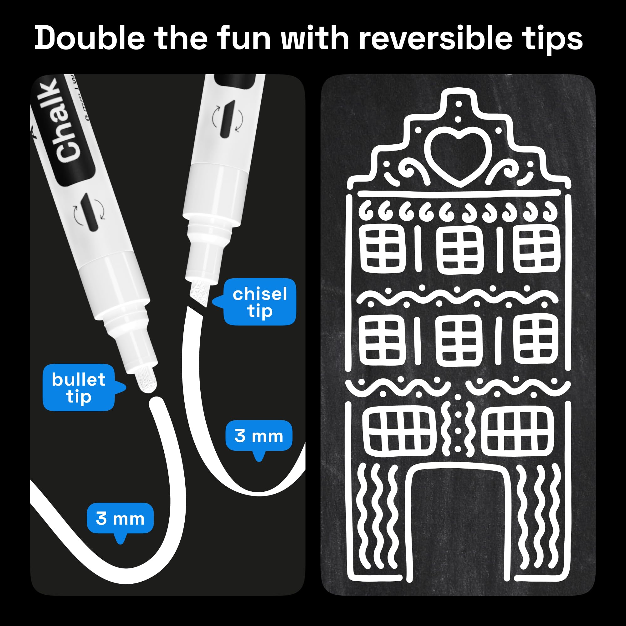 ARTISTRO 2-Pack White Liquid Chalk Markers - Erasable Chalkboard Pens with 6mm Reversible Tip for Blackboard, Glass, Car Windows & More - Perfect for Restaurants, Bistros, Signage & DIY Projects