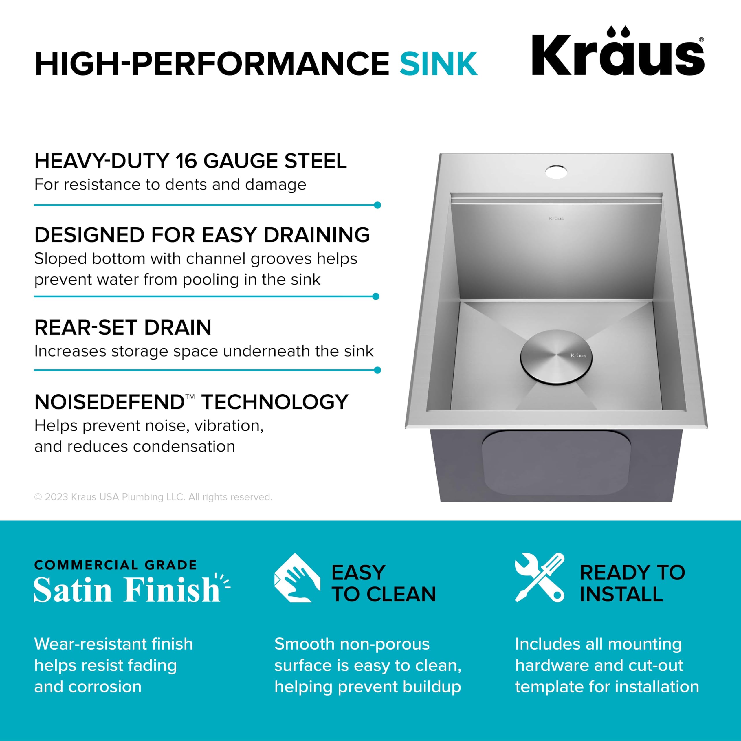 KRAUS Kore 15-Inch Drop-In/Top Mount Stainless Steel Kitchen Sink - 16 Gauge Single Bowl Bar Prep Sink with Accessories (Model KWT311-15) - Perfect for Small Kitchens, Bars & Food Prep Stations