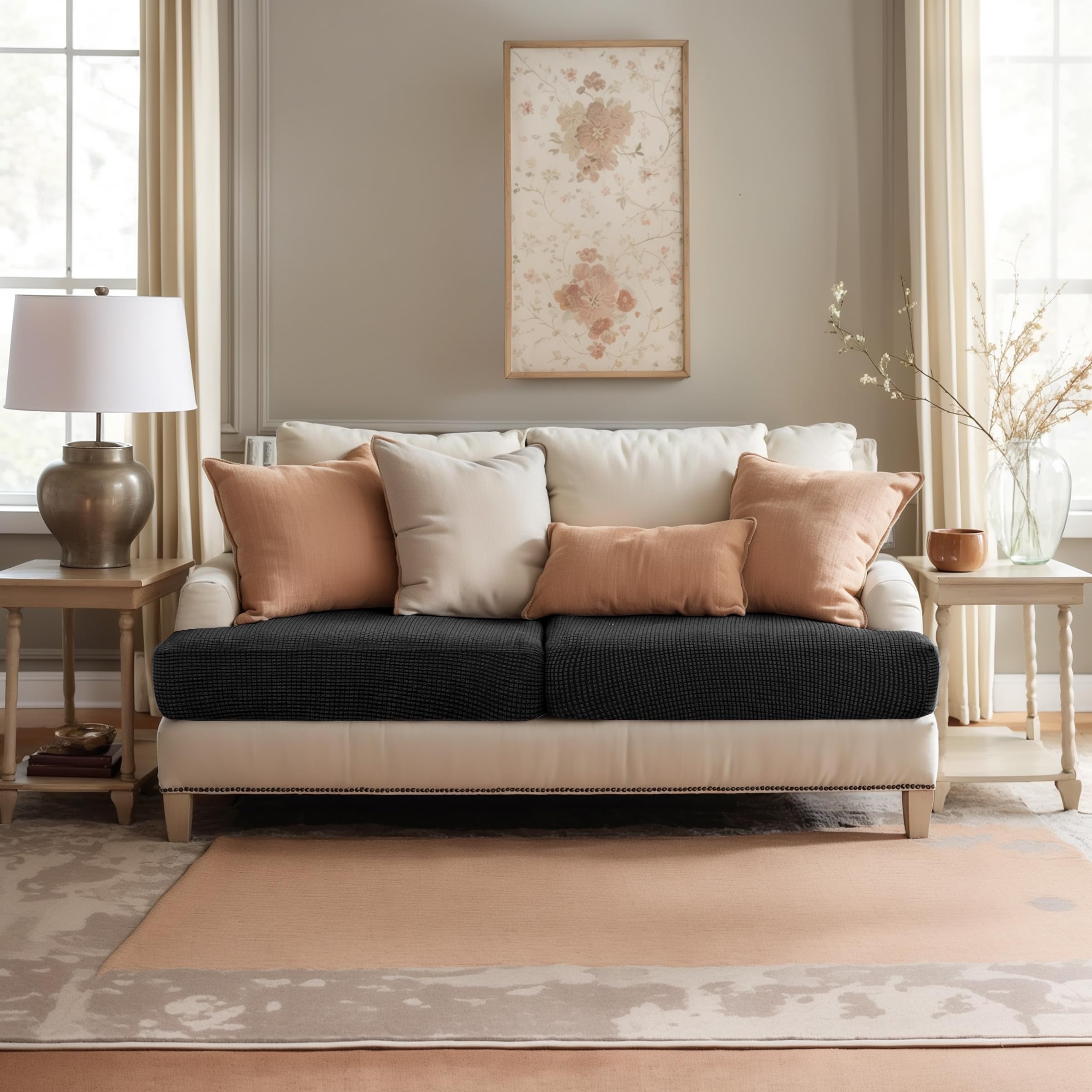SUBRTEX Stretch Couch Cushion Covers - Elastic Sofa Slipcovers for Living Room Furniture, RV & Loveseat (2-Piece Set, Black) - Perfect for Home Decor, Pet Protection & Spill Prevention
