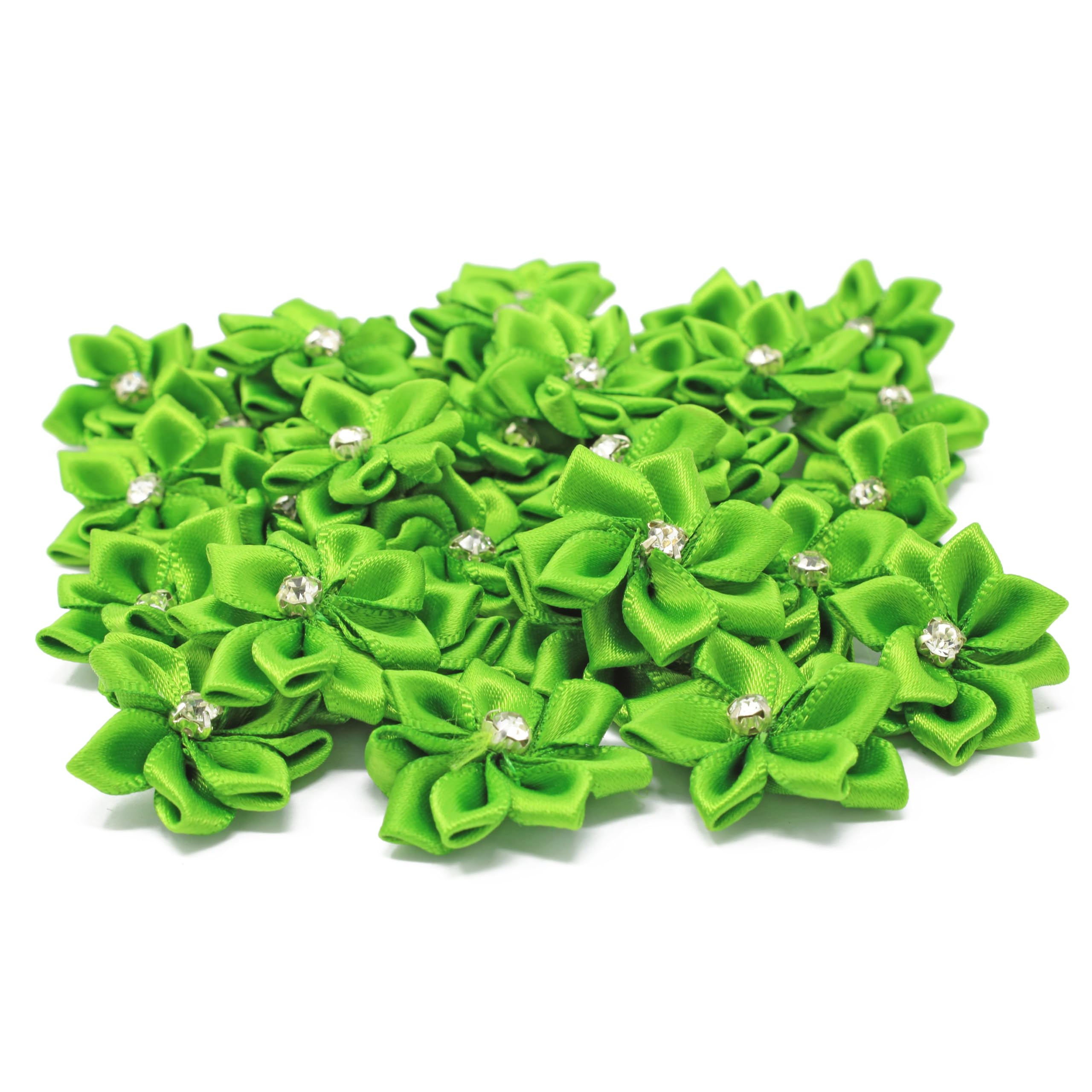 25mm Green Satin Ribbon Flowers with Rhinestone Center - Pack of 25 DIY Craft Flowers for Wedding Decorations, Gift Wrapping, Hair Accessories & Scrapbooking