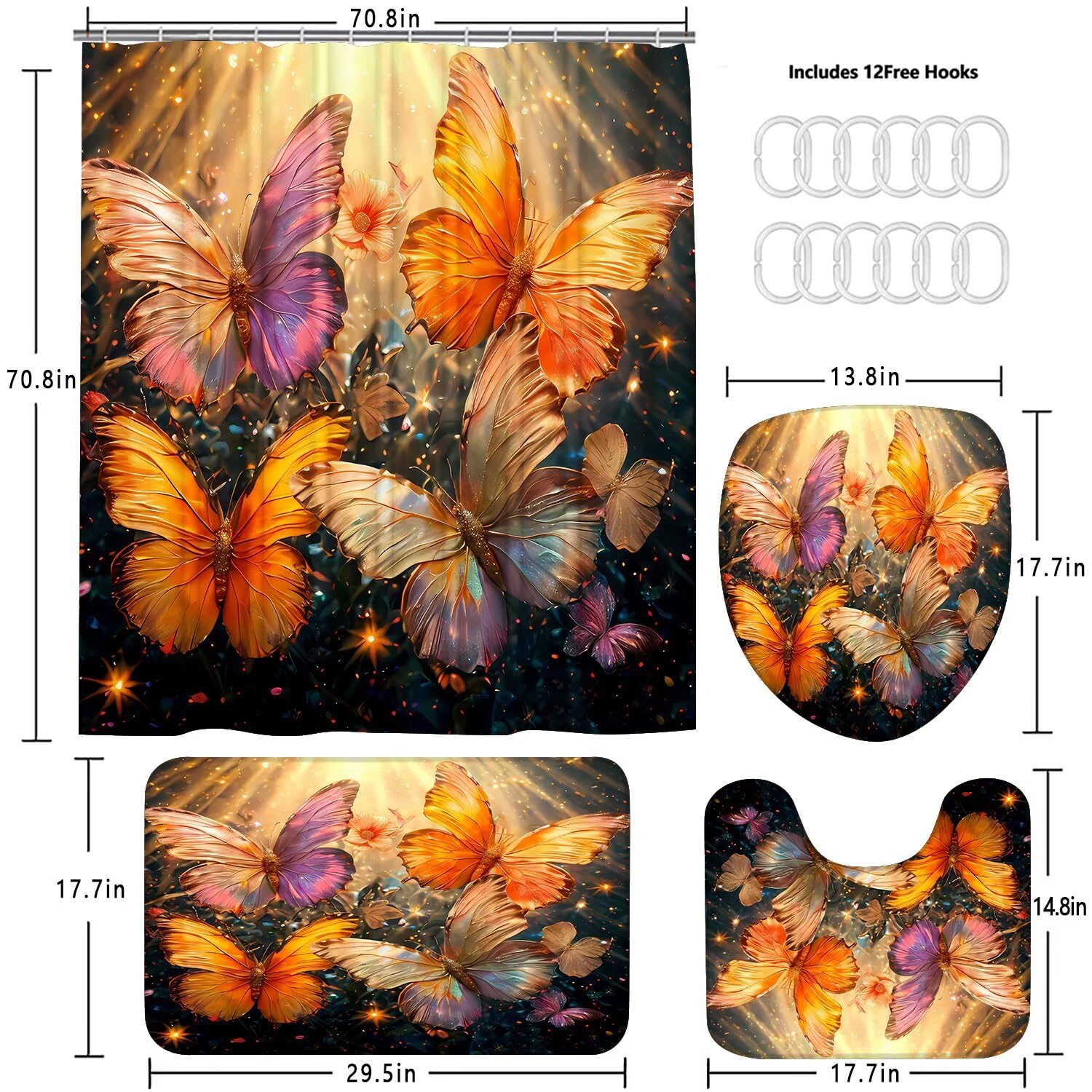 4Pcs Gold Butterfly Shower Curtain Set - Elegant Bathroom Decor with 12 Hooks, Rugs & Toilet Lid Cover - Waterproof Luxury Bath Accessories for Modern Home & Spa-Like Bathroom Experience