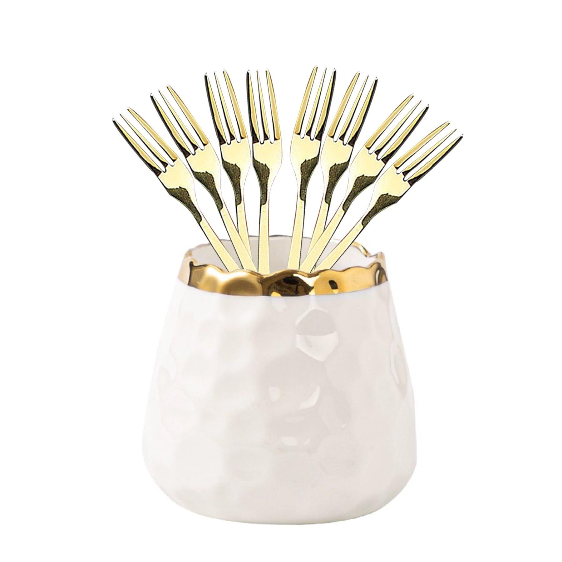 Elegant Dessert Fork Set with White Ceramic Jar & 8 Small Forks - Perfect for Salads, Fruits, Cakes, Parties & Camping | Stylish Tableware for Entertaining & Outdoor Dining