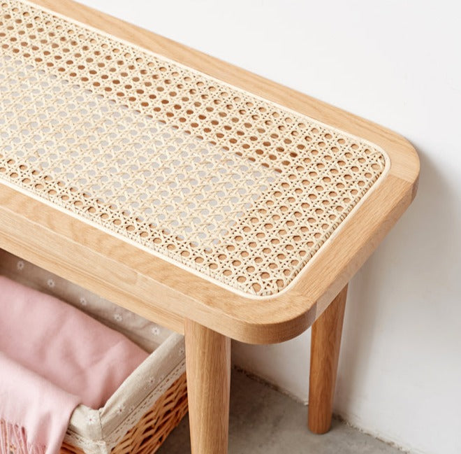 Solid Oak Wood Rattan Bench - Rustic Entryway, Patio, or Garden Seating - Handwoven Wicker Design for Indoor and Outdoor Use
