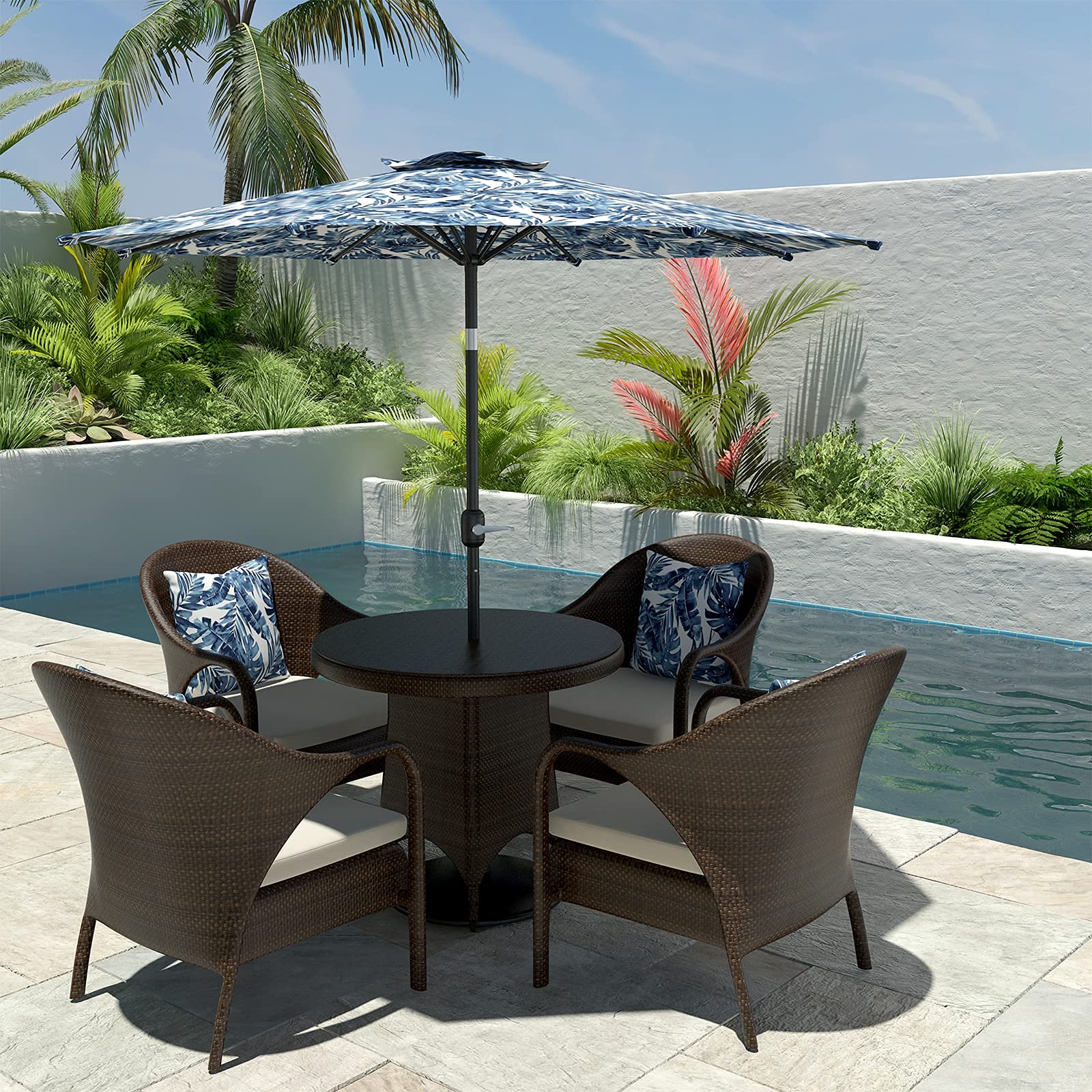 LTXIII 9' Outdoor Patio Umbrella with Push Button Tilt & Crank - Printed Market Garden Umbrella for Table, Backyard, Pool (8 Ribs) - Perfect for Outdoor Dining, Lounging & Poolside Relaxation