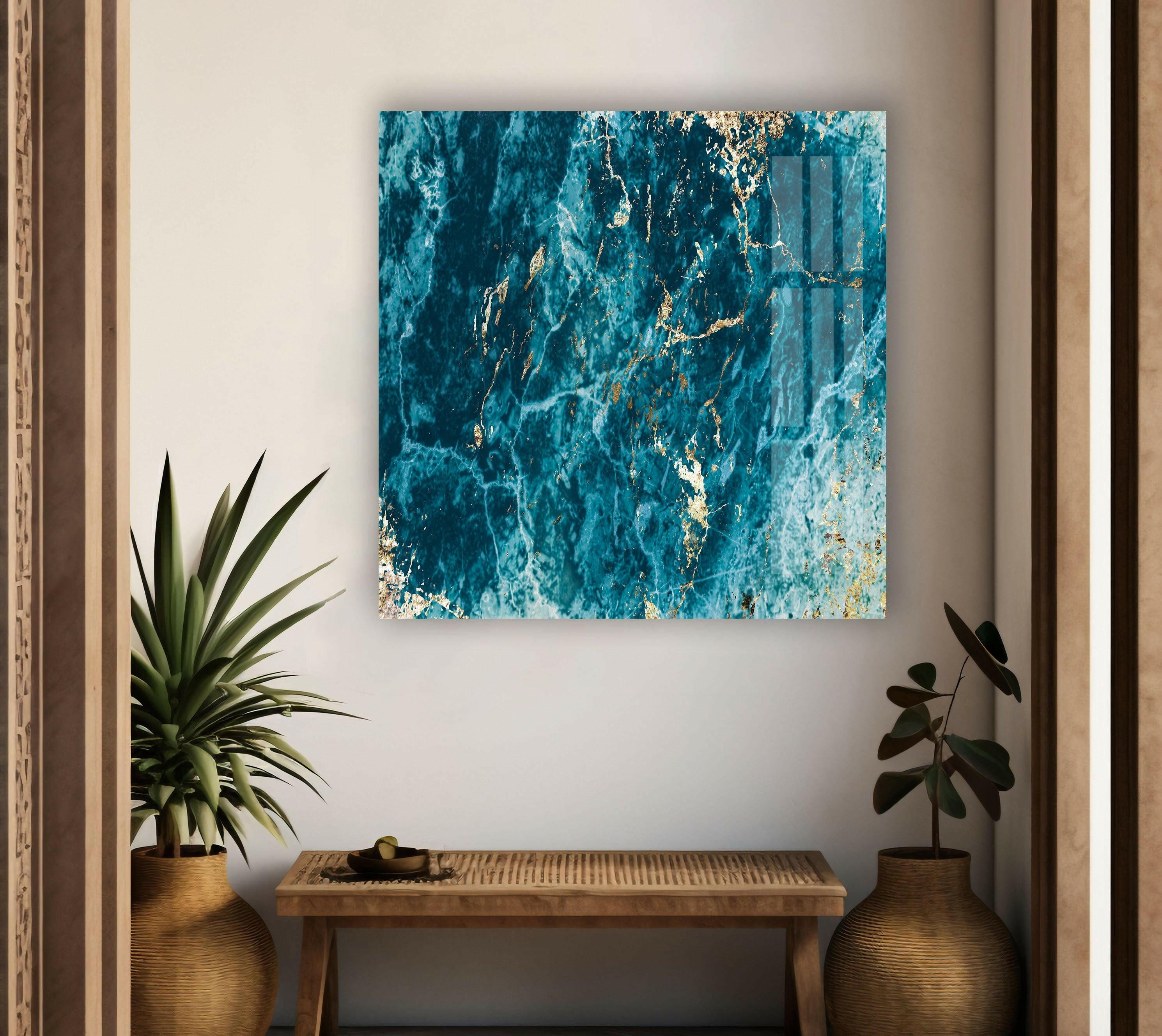 Blue Turquoise Marble Glass Wall Art - Handmade Modern Home Decor for Living Room, Bedroom & Office - Elegant Glass Wall Hangings for Interior Design