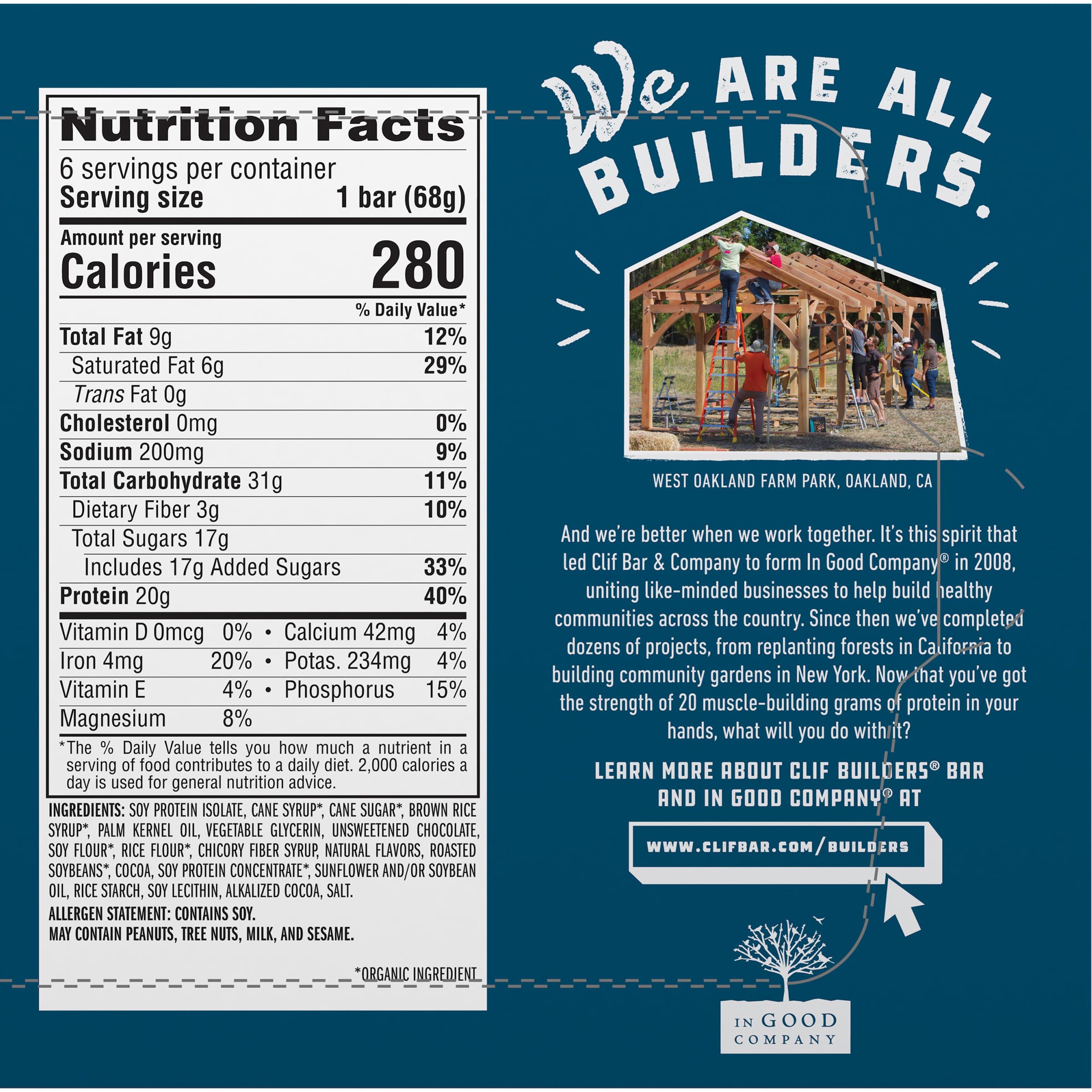 CLIF Builders Chocolate Mint Protein Bars - 20g Plant-Based Protein, Gluten Free, Non-GMO, Low Glycemic - 2.4oz (6 Pack) - Perfect for Post-Workout Recovery, Hiking & On-the-Go Snacking