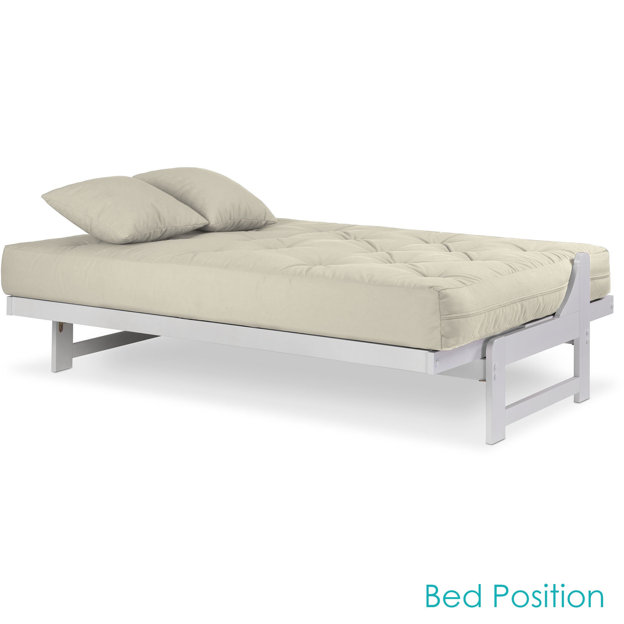 Arden White Queen Size Futon Set - Armless Futon Frame with Mattress Included (Twill Ivory), Space Saving Modern Sofa Bed Sleeper for Small Apartments, Guest Rooms & Home Offices