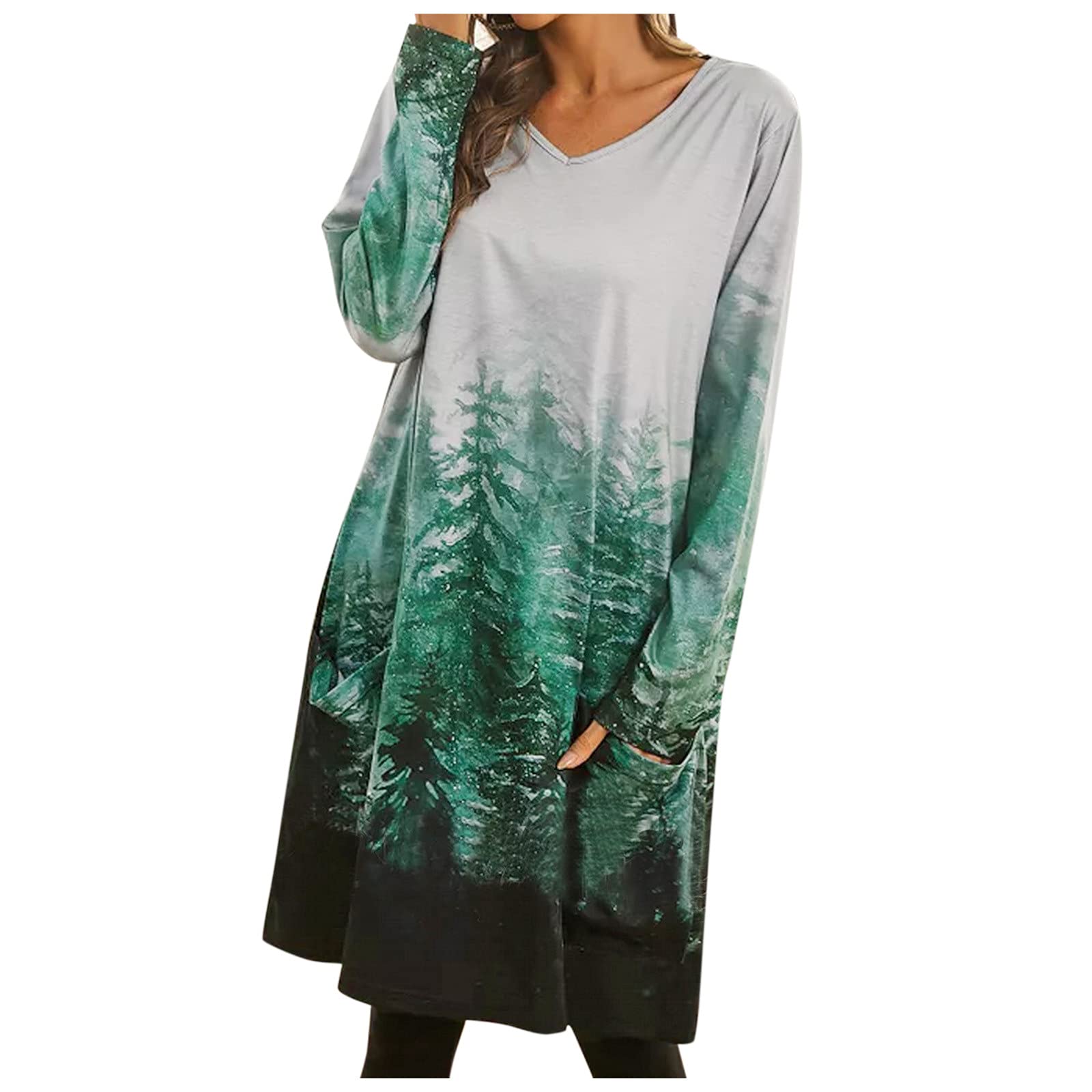 Women's Black V-Neck Wrap Dress with Landscape Print - Loose Fit Sweater Dress for Casual Wear, Date Night & Office Outfits