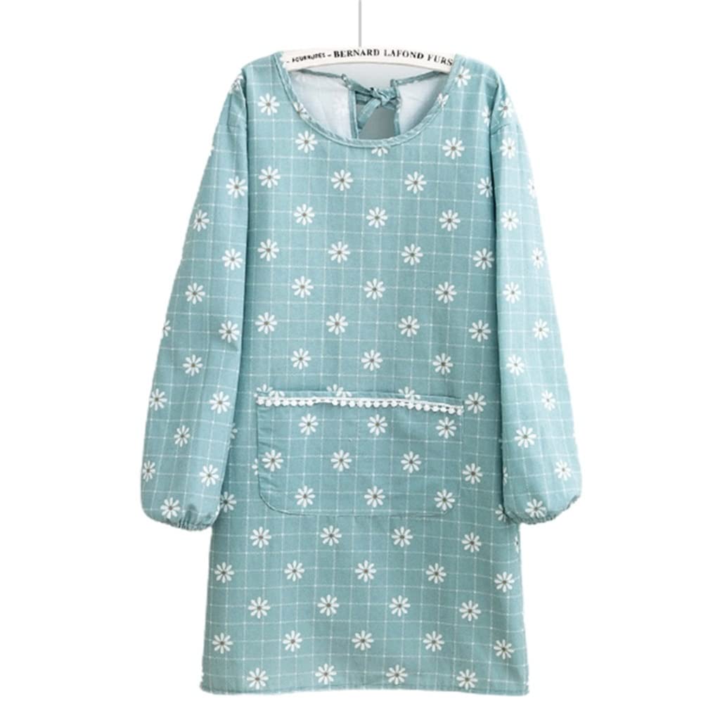 PDGJG Women's Long-Sleeved Daisy Print Kitchen Apron with Pockets - Perfect for Cooking, Baking, BBQ, Gardening & Art Projects - Adjustable One Size Fits Most - Ideal for Home Chefs, Bakers and Creative DIY Enthusiasts