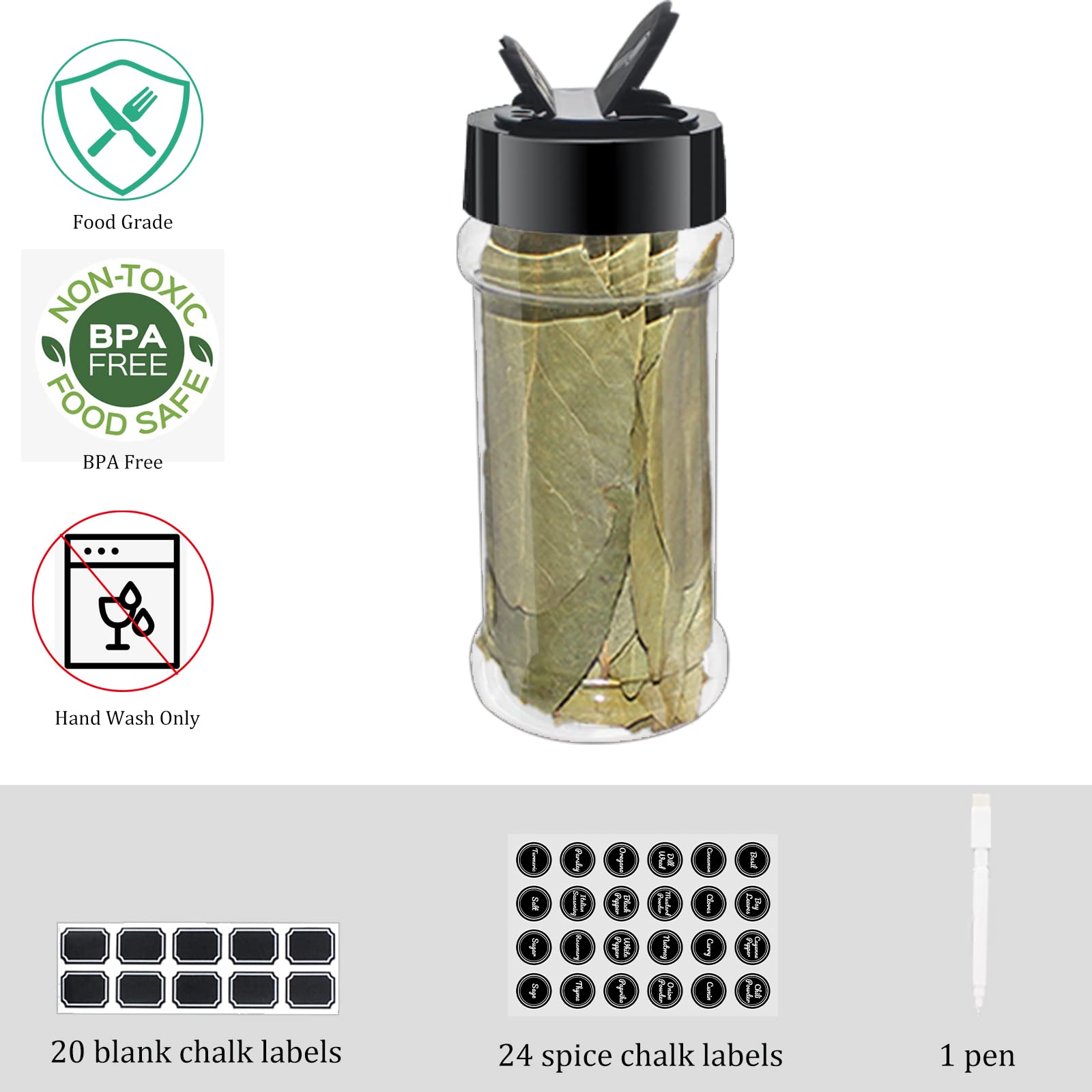 24 Pack 3.3 oz (100ml) Clear Plastic Spice Jars with Black Shaker Lids - Round Seasoning Bottles with Labels & Marker - Perfect for Kitchen, Pantry Organization & Spice Storage