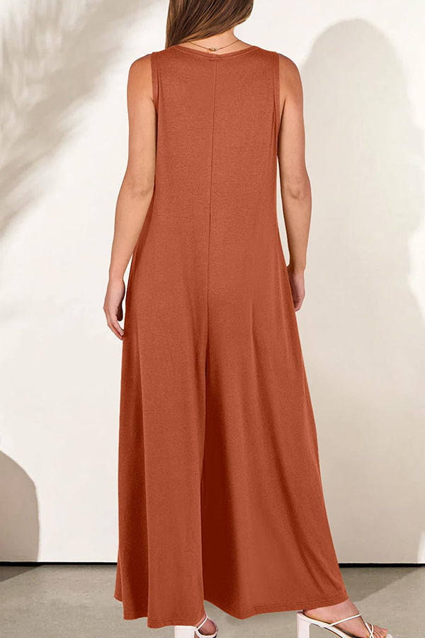 Solid Color V-Neck Sleeveless Loose Pocket Wide Leg Jumpsuit for Women - Casual Summer Outfit, Beach Cover Up, Vacation Wear