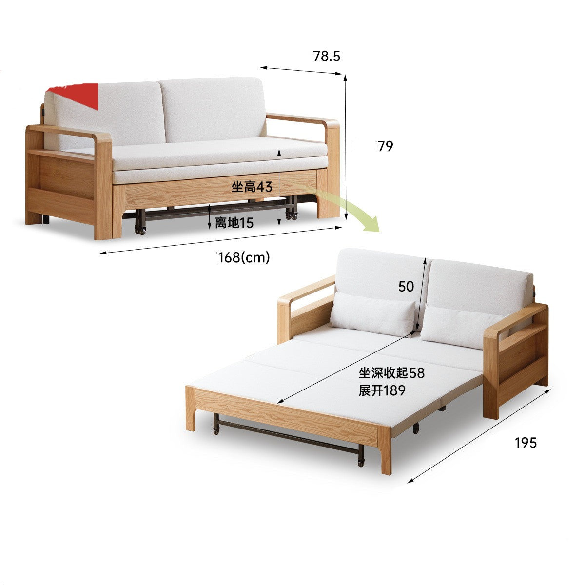 Solid Wood Sleeper Sofa - Beech & Oak Multi-Functional Convertible Sofa Bed for Living Room, Guest Room & Small Spaces