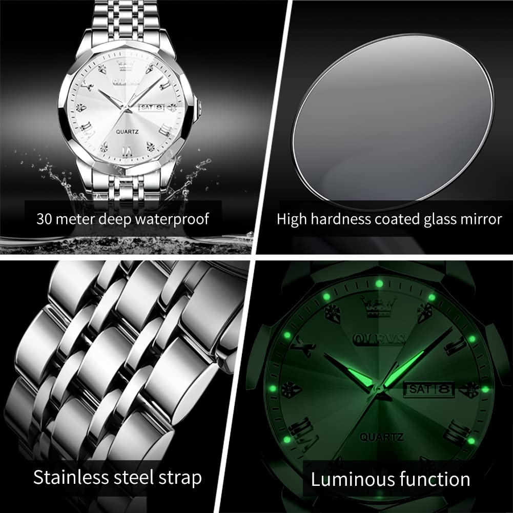OLEVS Men's Stainless Steel Waterproof Quartz Watch with Luminous Hands & Date Display - Two-Tone Casual Wristwatch for Business, Outdoor & Everyday Wear