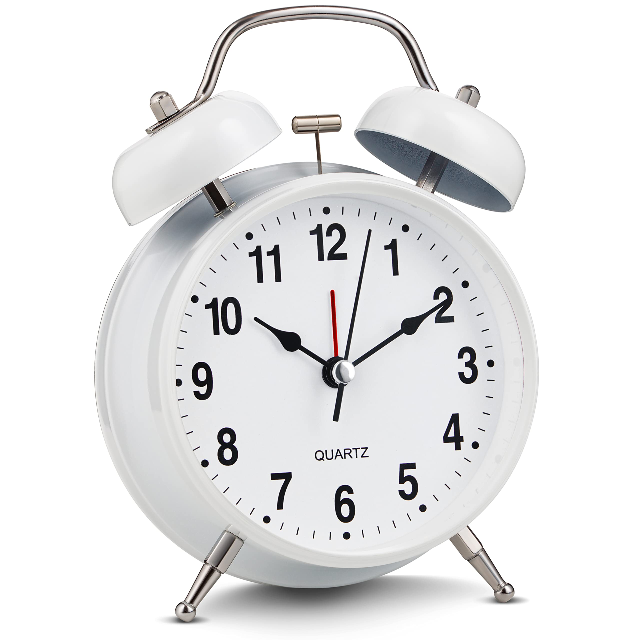 Bernhard Products Extra Loud Analog Alarm Clock - Vintage Twin Bell Design, Silent Non-Ticking Quartz Movement with Backlight | 4 Inch Retro White Battery Operated Clock for Heavy Sleepers | Perfect for Bedroom, Office, Dorm & Nightstand Decor