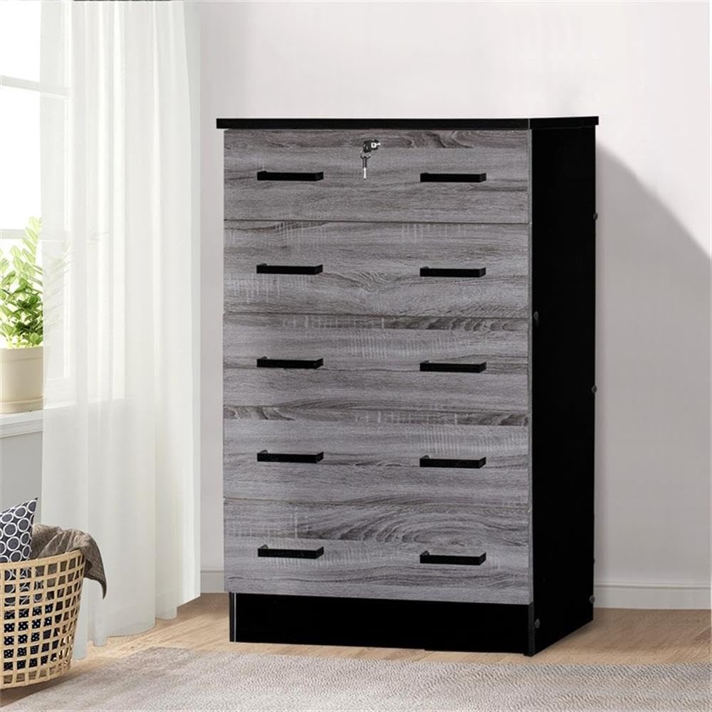 Better Home Products Cindy 5-Drawer Wooden Dresser with Lock - Ebony Finish for Bedroom Storage & Organization